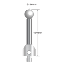 M5 stylus with 8.0 mm diameter zirconia ball, 6.0 mm diameter carbide stem, and 11.0 mm diameter x 13.0 mm long stainless steel base. Overall stylus length is 40.0 mm. Stylus weight is 18.84 grams.