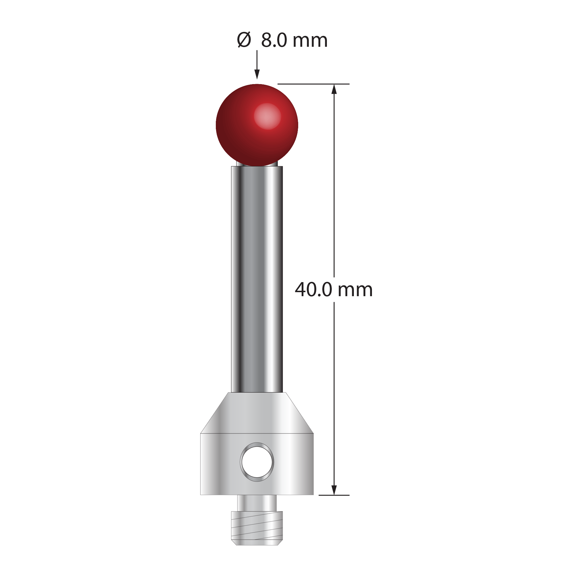 M5 stylus with 8.0 mm diameter ruby ball, 6.0 mm diameter carbide stem, and 11.0 mm diameter x 13.0 mm long stainless steel base. Overall stylus length is 40.0 mm. Stylus weight is 18.84 grams. Compare to Zeiss 626105-0824-040.