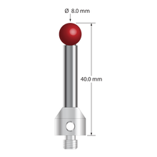 M5 stylus with 8.0 mm diameter ruby ball, 6.0 mm diameter carbide stem, and 11.0 mm diameter x 13.0 mm long stainless steel base. Overall stylus length is 40.0 mm. Stylus weight is 18.84 grams. Compare to Zeiss 626105-0824-040.