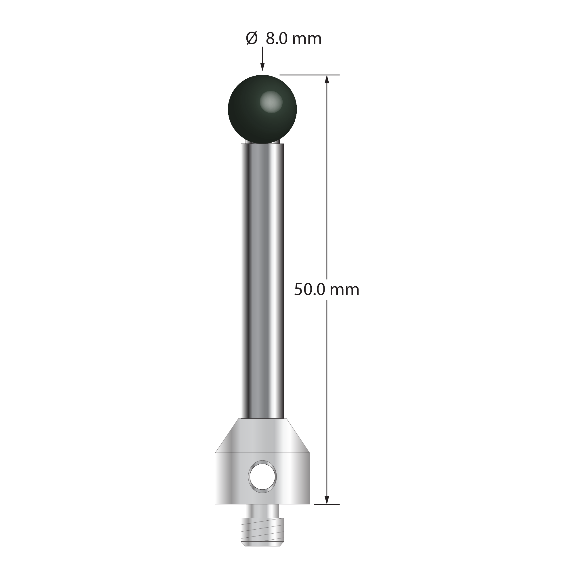 M5 stylus with 8.0 mm diameter silicon nitride ball, 6.0 mm diameter carbide stem, and 11.0 mm diameter x 13.0 mm long stainless steel base. Overall stylus length is 50.0 mm. Stylus weight is 21.67 grams. Compare to Zeiss 626105-0825-050.