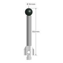 M5 stylus with 8.0 mm diameter silicon nitride ball, 6.0 mm diameter carbide stem, and 11.0 mm diameter x 13.0 mm long stainless steel base. Overall stylus length is 50.0 mm. Stylus weight is 21.67 grams. Compare to Zeiss 626105-0825-050.