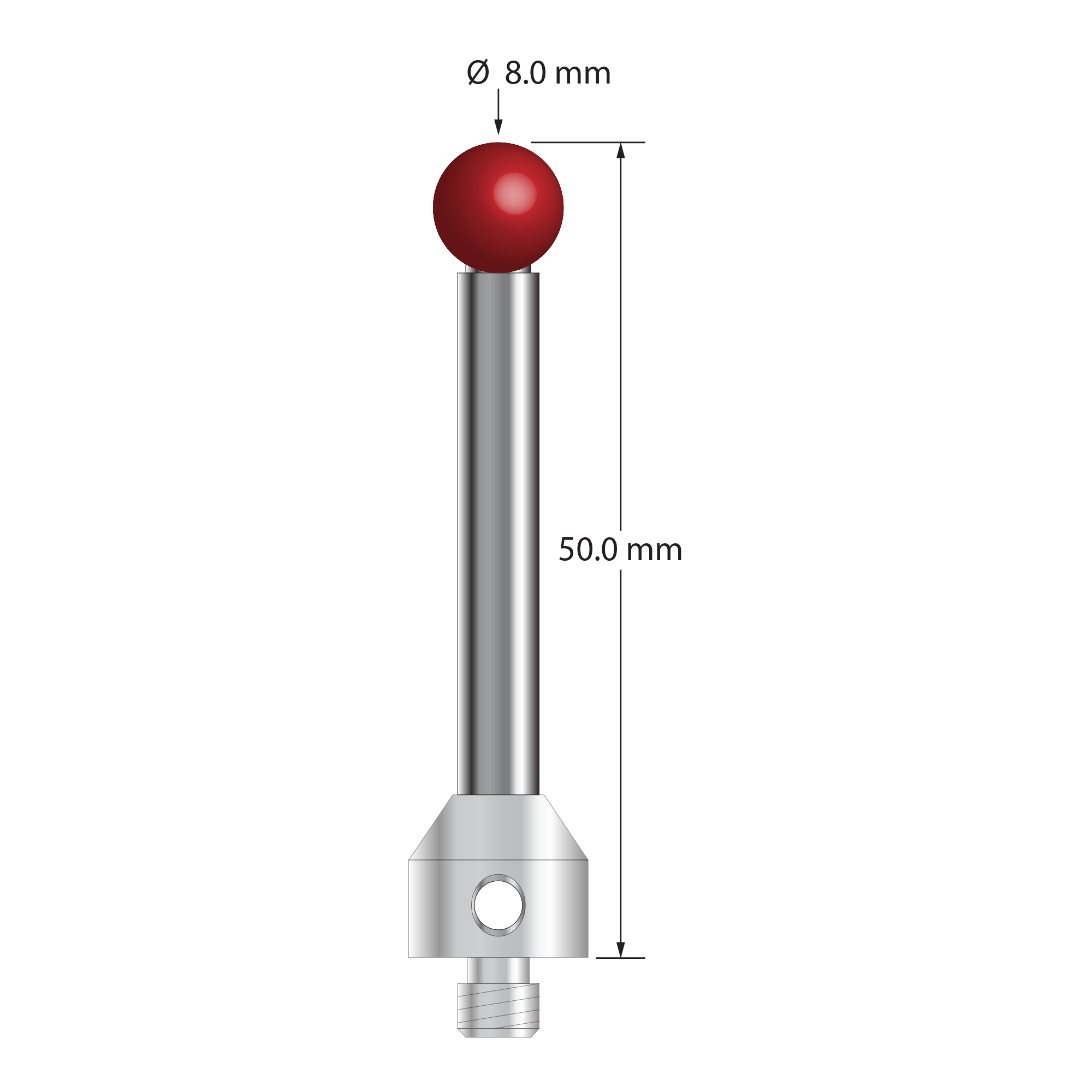 M5 stylus with 8.0 mm diameter ruby ball, 6.0 mm diameter carbide stem, and 11.0 mm diameter x 13.0 mm long stainless steel base. Overall stylus length is 50.0 mm. Stylus weight is 21.67 grams. Compare to Zeiss 626105-0824-050.