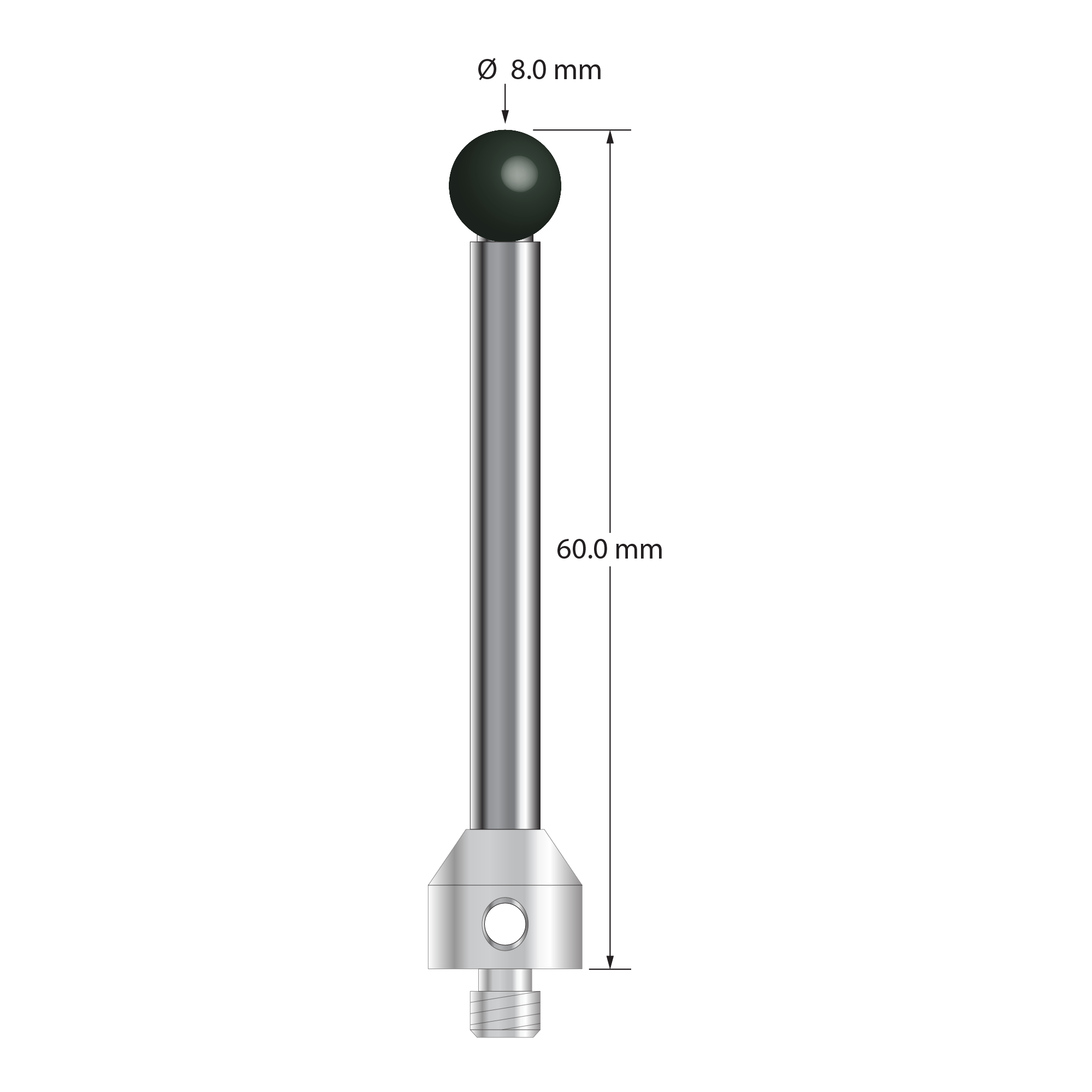 M5 stylus with 8.0 mm diameter silicon nitride ball, 6.0 mm diameter carbide stem, and 11.0 mm diameter x 13.0 mm long stainless steel base. Overall stylus length is 60.0 mm. Stylus weight is 24.50 grams. Compare to Zeiss 626105-0825-060.
