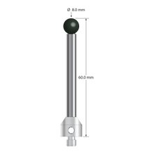 M5 stylus with 8.0 mm diameter silicon nitride ball, 6.0 mm diameter carbide stem, and 11.0 mm diameter x 13.0 mm long stainless steel base. Overall stylus length is 60.0 mm. Stylus weight is 24.50 grams. Compare to Zeiss 626105-0825-060.
