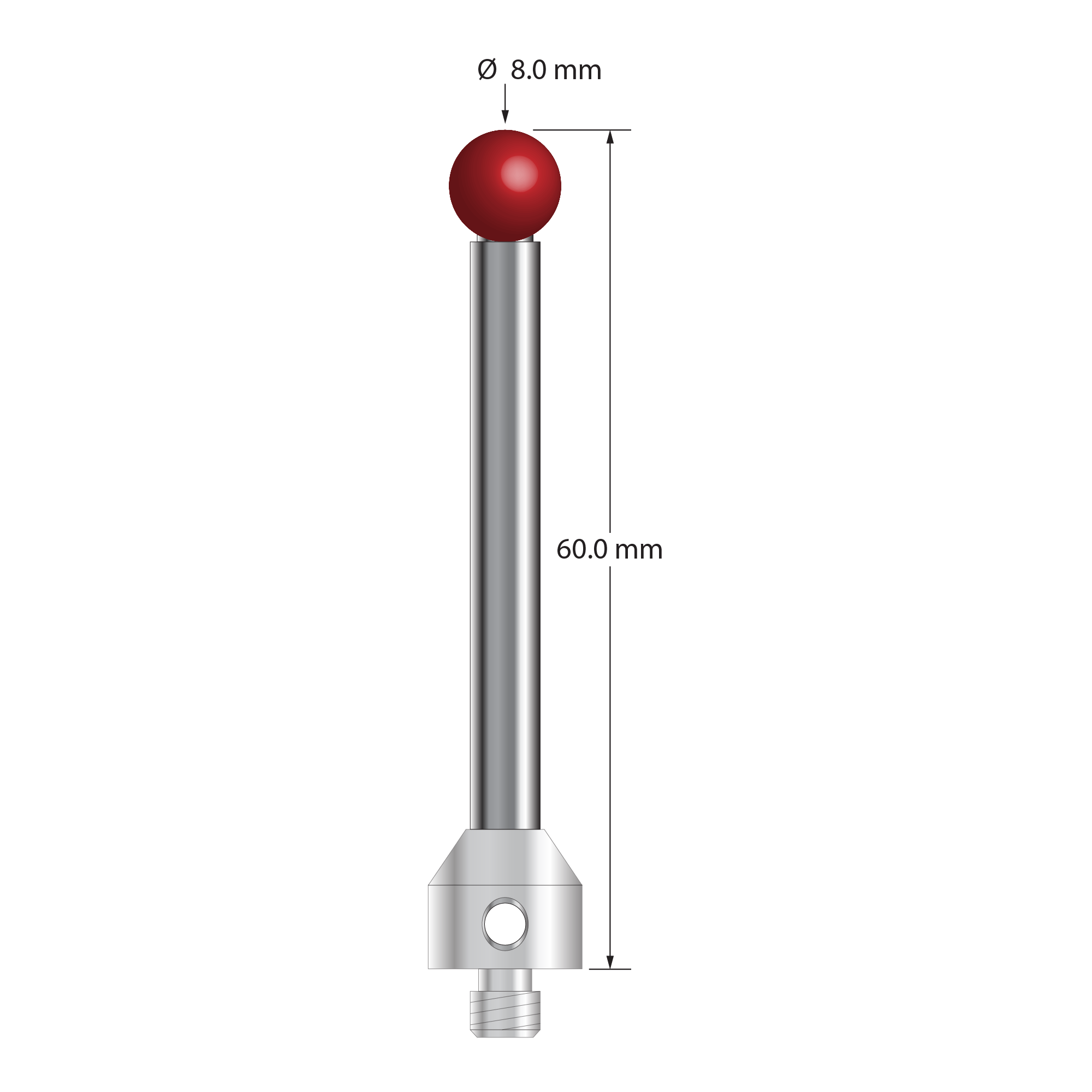 M5 stylus with 8.0 mm diameter ruby ball, 6.0 mm diameter carbide stem, and 11.0 mm diameter x 13.0 mm long stainless steel base. Overall stylus length is 60.0 mm. Stylus weight is 24.50 grams. Compare to Zeiss 626105-0824-060.