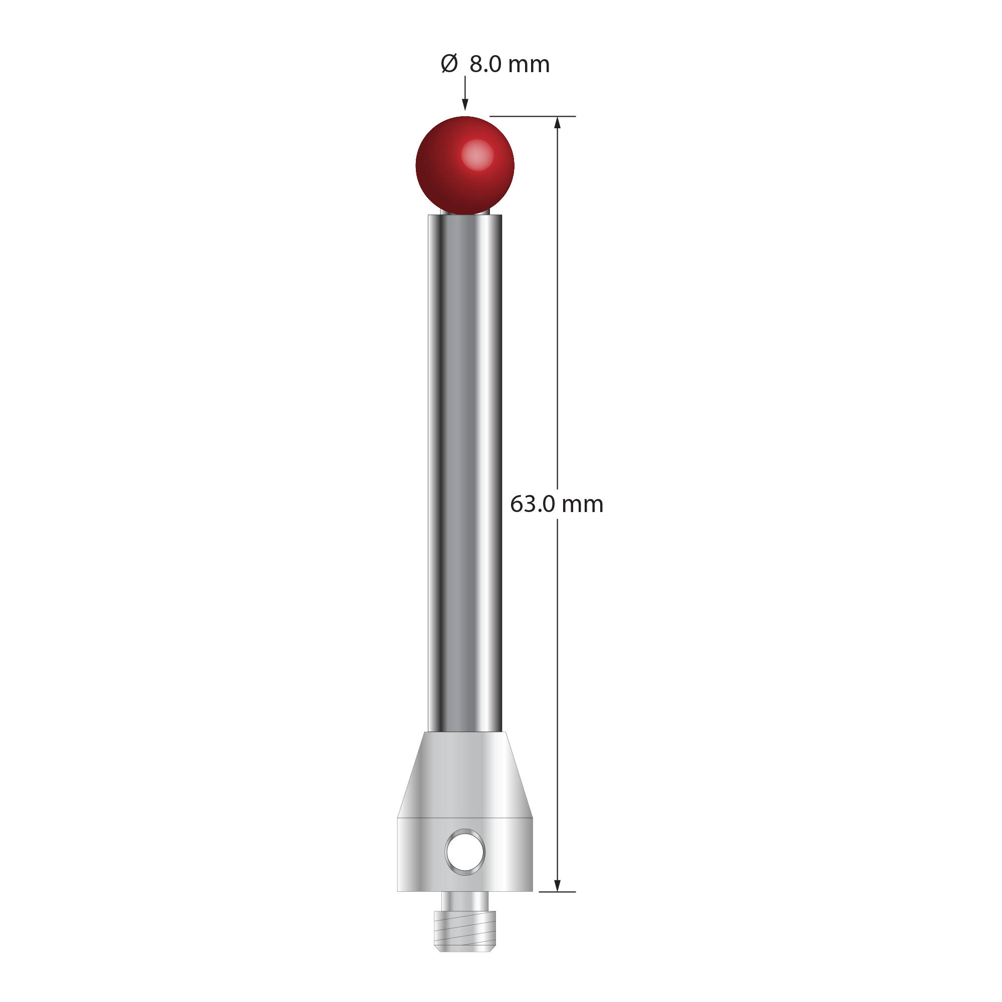 M5 stylus with 8.0 mm diameter ruby ball, 6.0 mm diameter carbide stem, and 11.0 mm diameter x 13.0 mm long stainless steel base. Overall stylus length is 63.0 mm. Stylus weight is 27.65 grams. Compare to Zeiss 626105-0824-063.