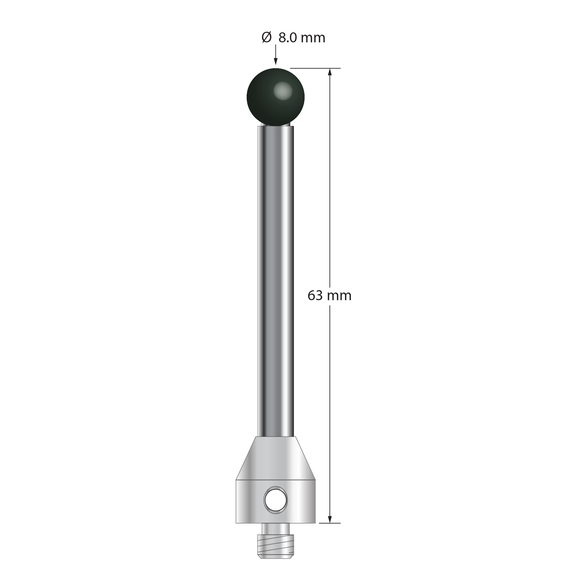 M5 stylus with 8.0 mm diameter silicon nitride ball, 5.0 mm diameter carbide stem, and 11.0 mm diameter x 12.0 mm long stainless steel base. Overall stylus length is 63.0 mm. Stylus weight is 20.77 grams.