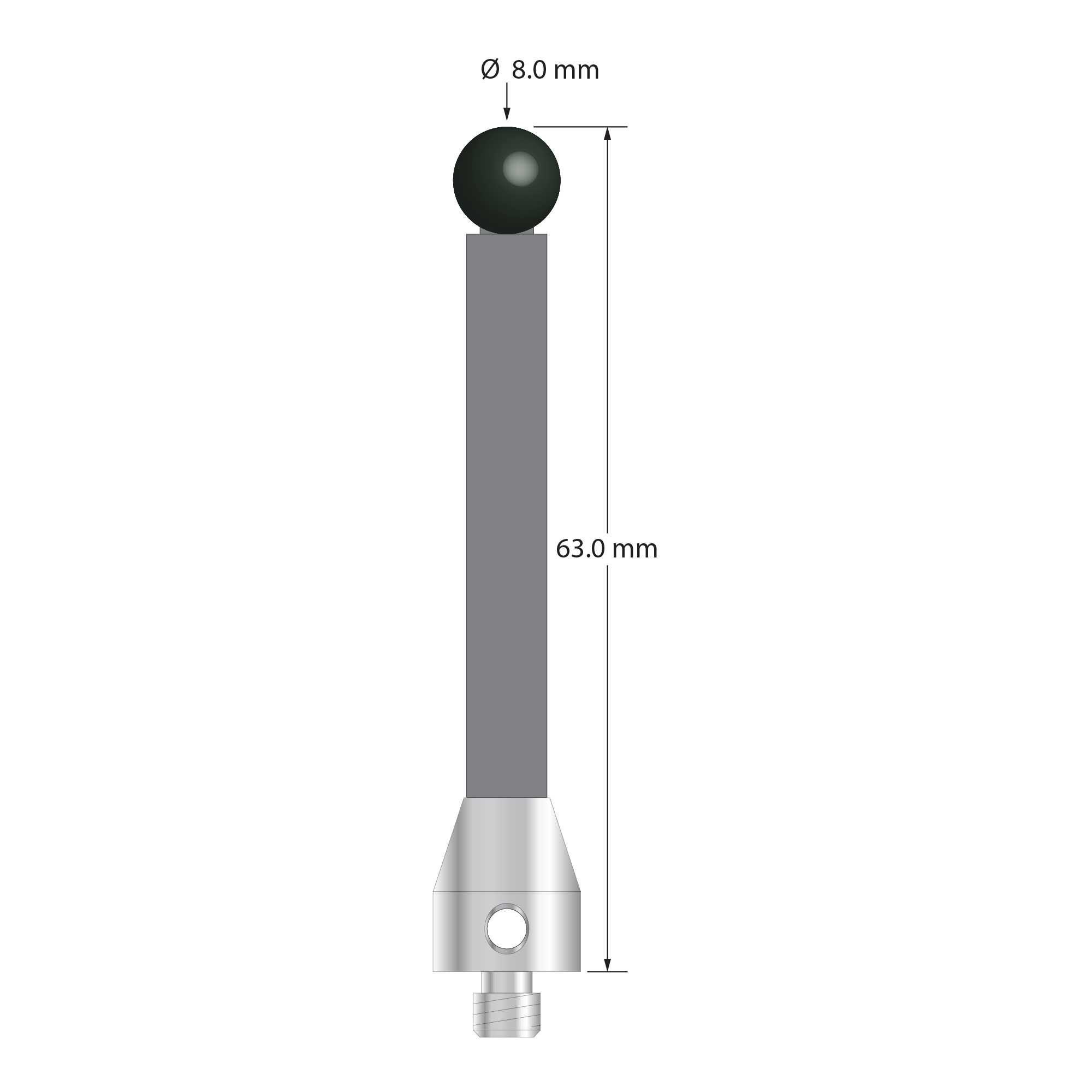 Low weight M5 stylus with 8.0 mm diameter silicon nitride ball, 6.0 mm diameter Therm-X carbon fiber stem, and 11.0 mm diameter x 13.0 mm long titanium base. Overall stylus length is 63.0 mm. Stylus weight is 6.27 grams. Compare to Zeiss 626105-0821-063.