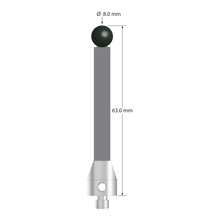 Low weight M5 stylus with 8.0 mm diameter silicon nitride ball, 6.0 mm diameter Therm-X carbon fiber stem, and 11.0 mm diameter x 13.0 mm long titanium base. Overall stylus length is 63.0 mm. Stylus weight is 6.27 grams. Compare to Zeiss 626105-0821-063.
