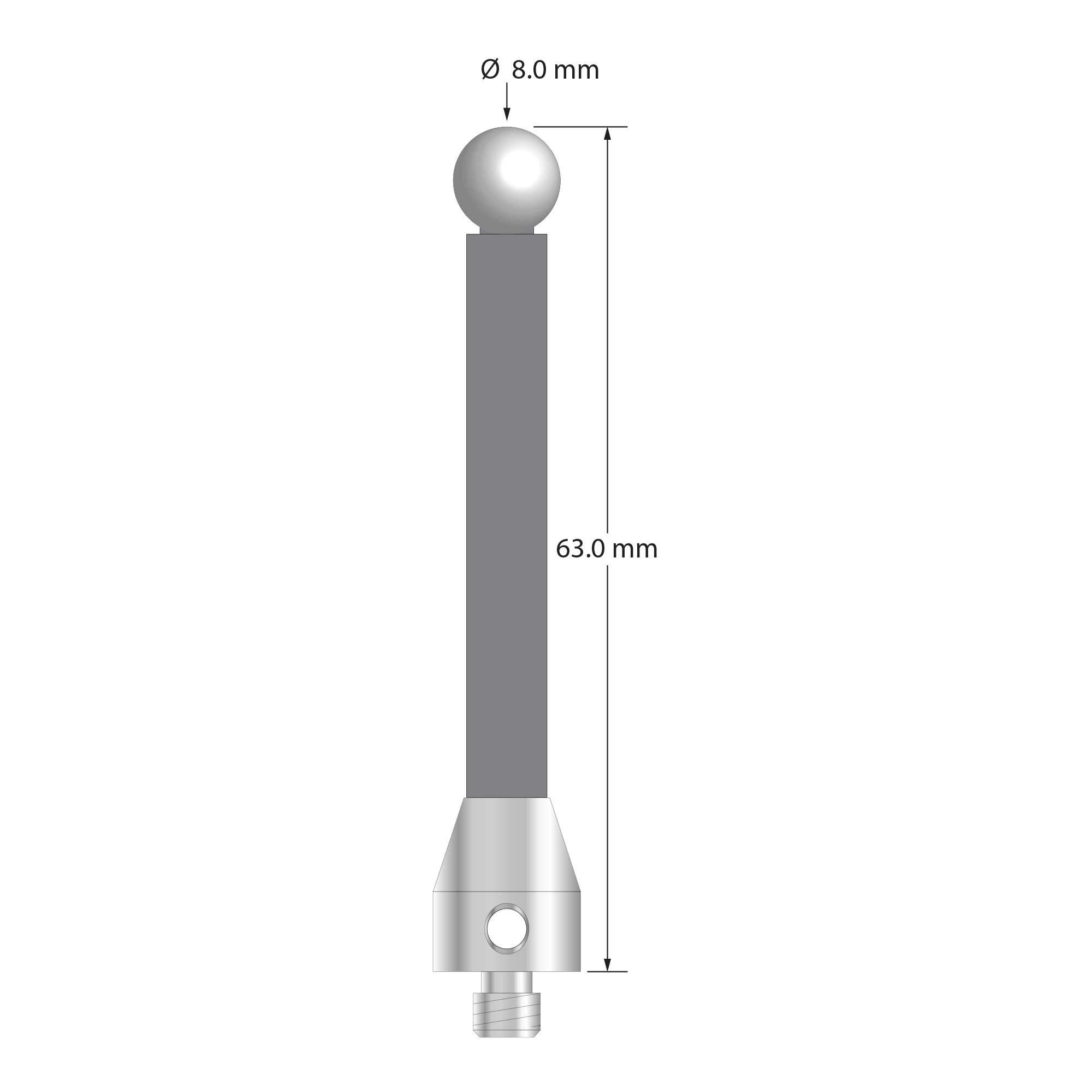 Low weight M5 stylus with 8.0 mm diameter zirconia ball, 6.0 mm diameter Therm-X carbon fiber stem, and 11.0 mm diameter x 13.0 mm long titanium base. Overall stylus length is 63.0 mm. Stylus weight is 6.27 grams.