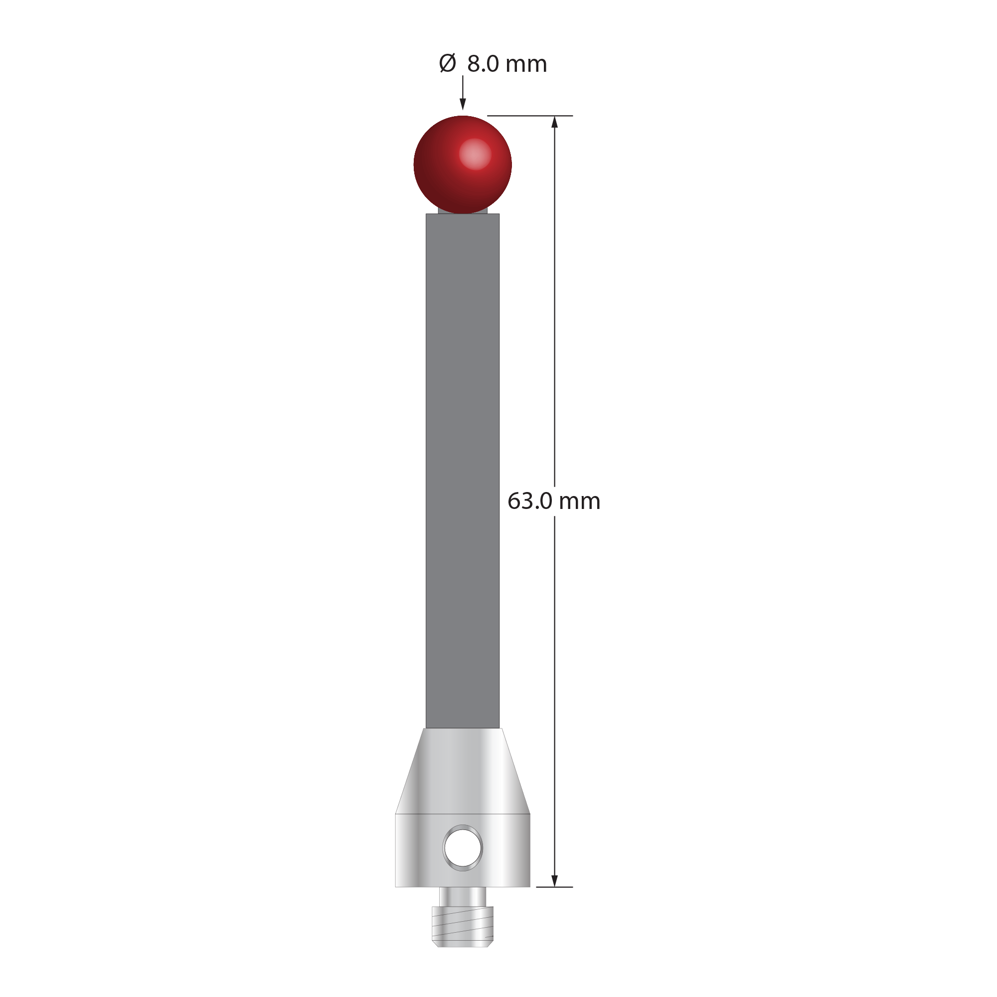 Low weight M5 stylus with 8.0 mm diameter ruby ball, 6.0 mm diameter Therm-X carbon fiber stem, and 11.0 mm diameter x 13.0 mm long titanium base. Overall stylus length is 63.0 mm. Stylus weight is 6.27 grams. Compare to Zeiss 626105-0820-063.
