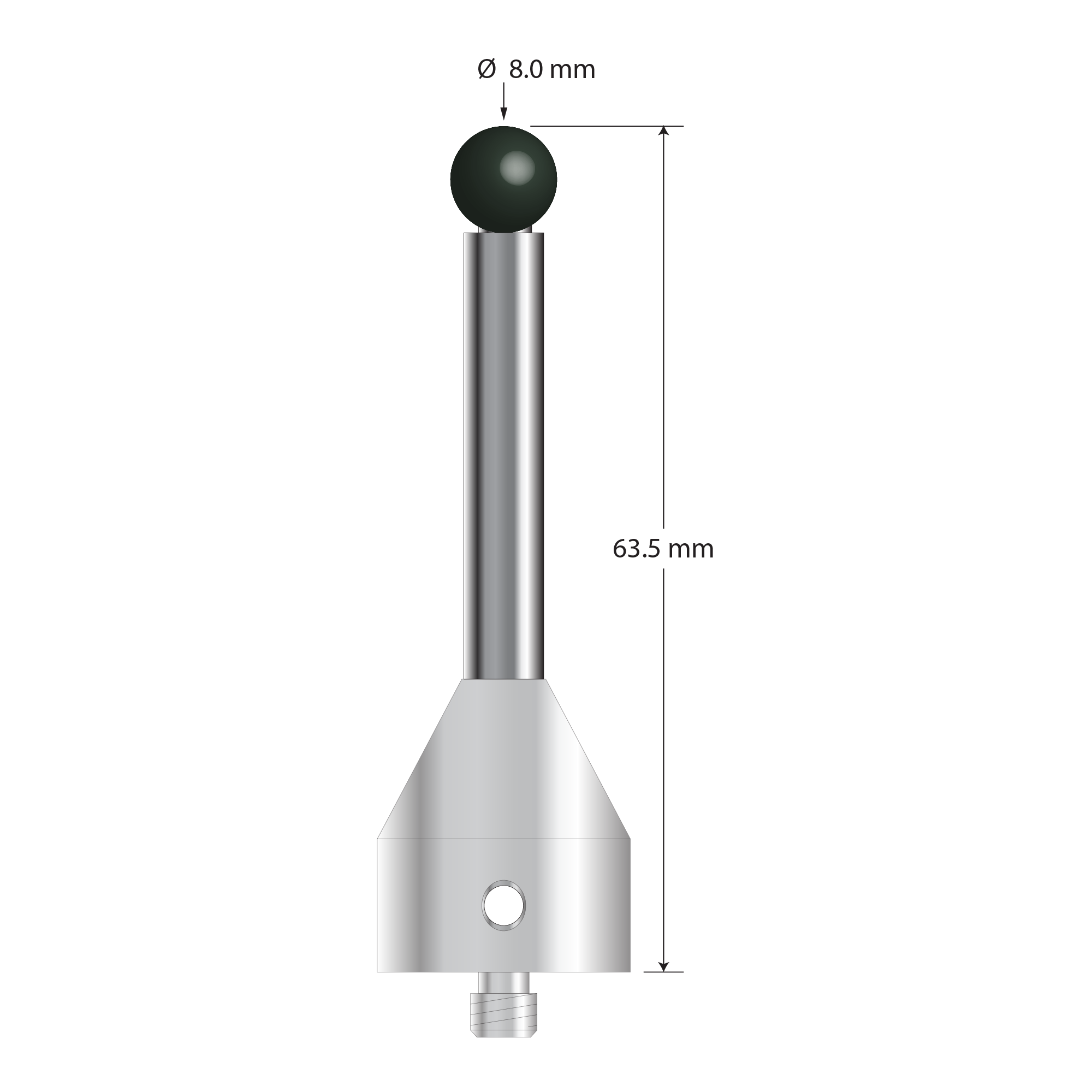 M5 stylus with 8.0 mm diameter silicon nitride ball, 6.0 mm diameter carbide stem, and 19.0 mm diameter x 22.0 mm long stainless steel base. Overall stylus length is 63.5 mm. Stylus weight is 36.06 grams.