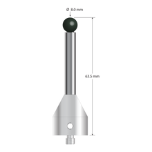 M5 stylus with 8.0 mm diameter silicon nitride ball, 6.0 mm diameter carbide stem, and 19.0 mm diameter x 22.0 mm long stainless steel base. Overall stylus length is 63.5 mm. Stylus weight is 36.06 grams.