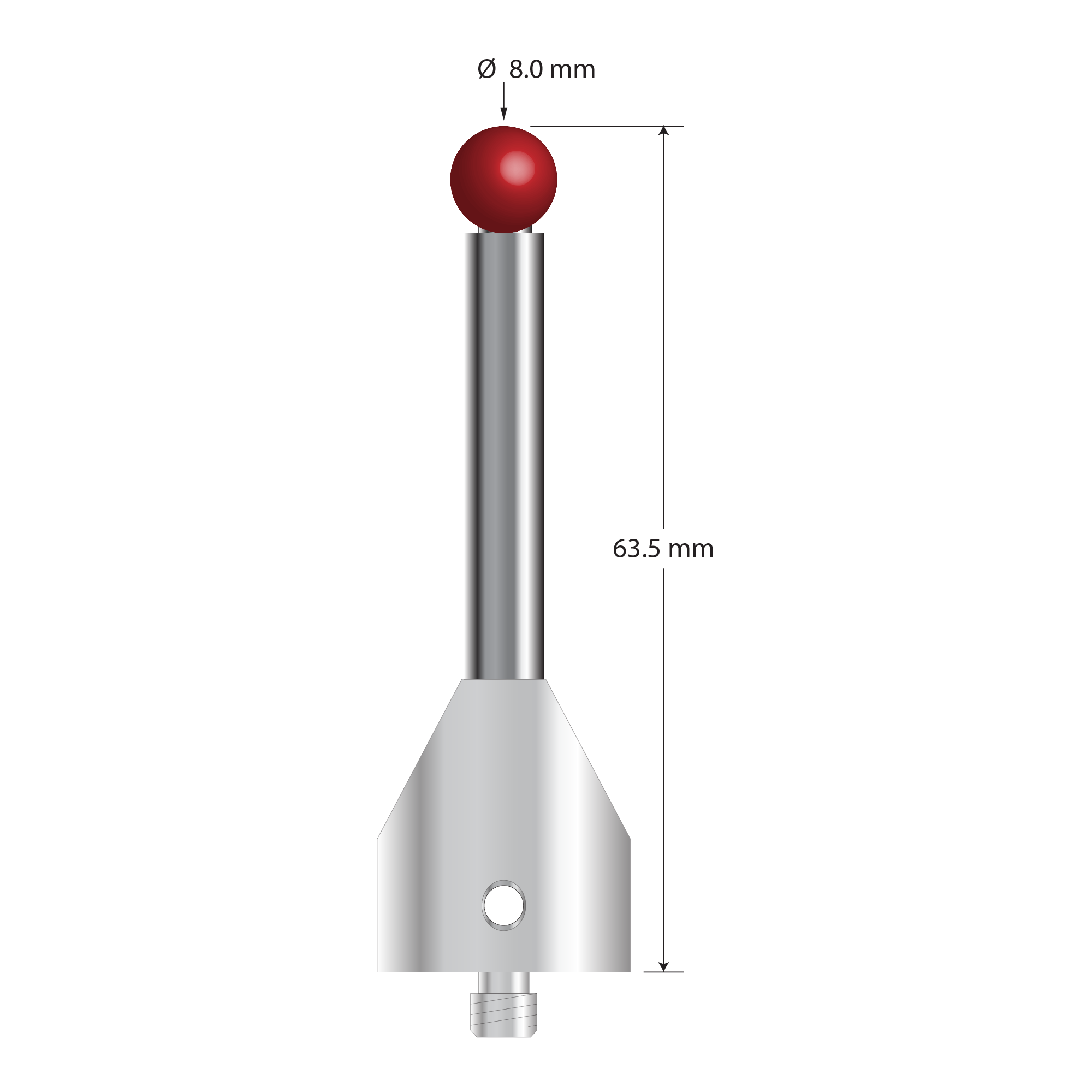 M5 stylus with 8.0 mm diameter ruby ball, 6.0 mm diameter carbide stem, and 19.0 mm diameter x 22.0 mm long stainless steel base. Overall stylus length is 63.5 mm. Stylus weight is 36.06 grams. Compare to Renishaw A-5555-0030.