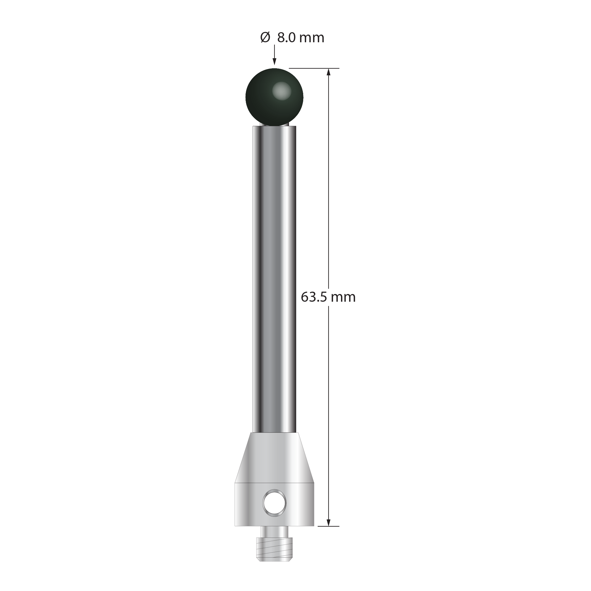M5 stylus with 8.0 mm diameter silicon nitride ball, 6.0 mm diameter carbide stem, and 11.0 mm diameter x 13.0 mm long stainless steel base. Overall stylus length is 63.5 mm. Stylus weight is 26.29 grams. Compare to Zeiss 626115-0800-064 and Renishaw A-5555-3797.