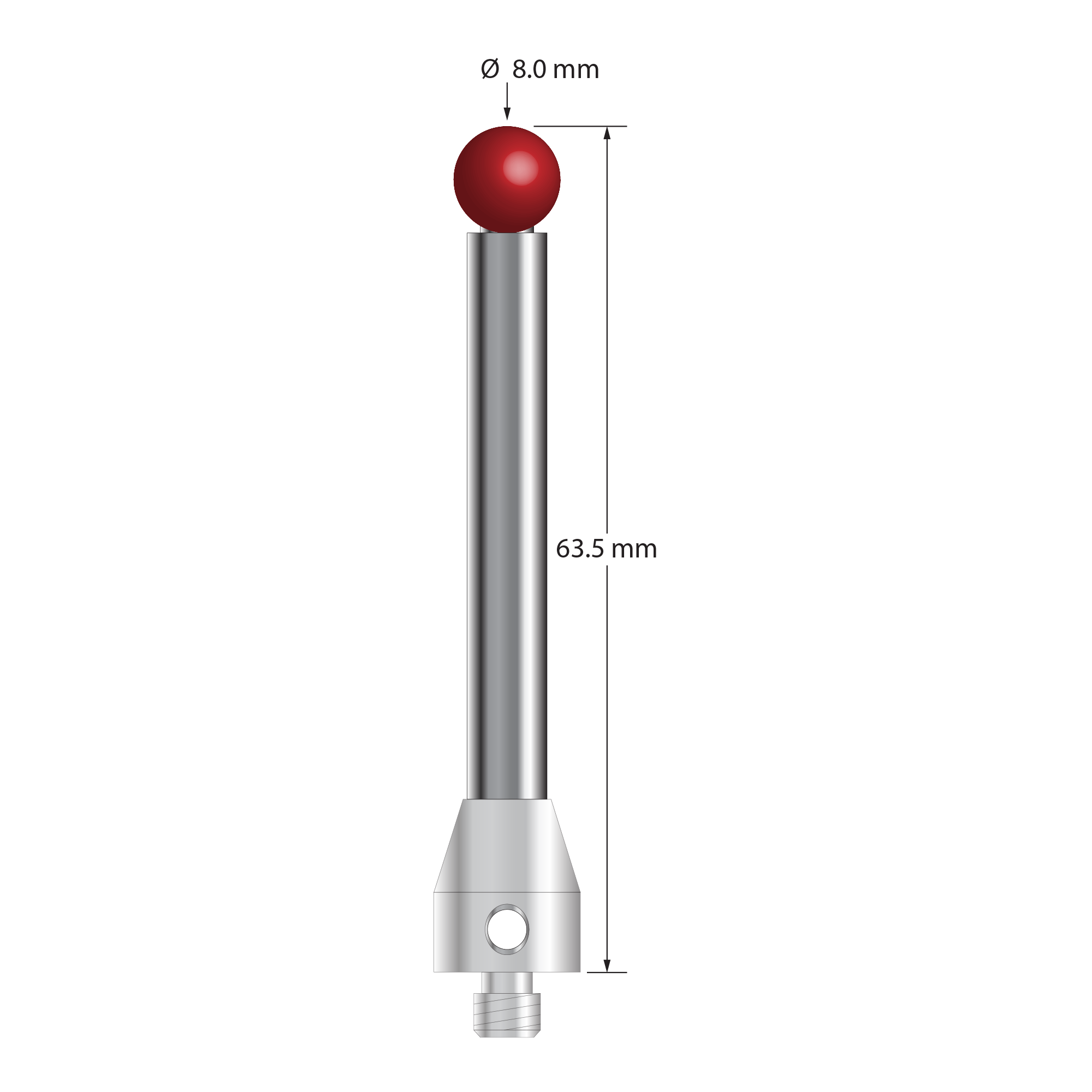 M5 stylus with 8.0 mm diameter ruby ball, 6.0 mm diameter carbide stem, and 11.0 mm diameter x 12.0 mm long stainless steel base. Overall stylus length is 63.5 mm. Stylus weight is 26.29 grams. Compare to Renishaw A-5555-0029 and Zeiss 600432-8023-000.