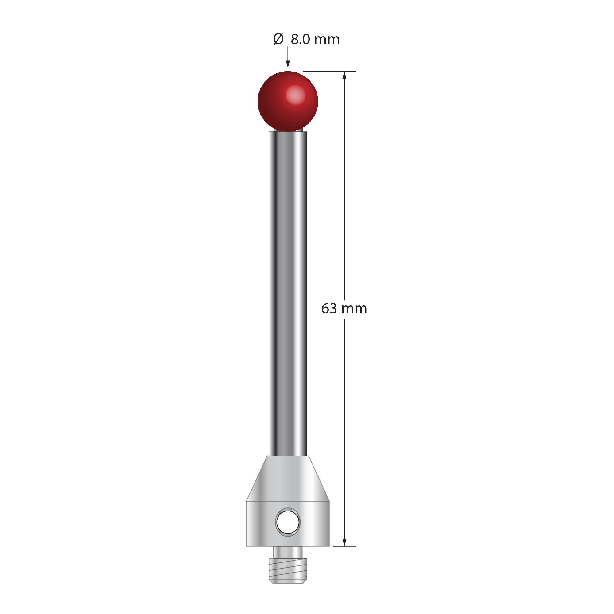 M5 stylus with 8.0 mm diameter ruby ball, 5.0 mm diameter carbide stem, and 11.0 mm diameter x 12.0 mm long stainless steel base. Overall stylus length is 63.0 mm. Stylus weight is 20.77 grams.