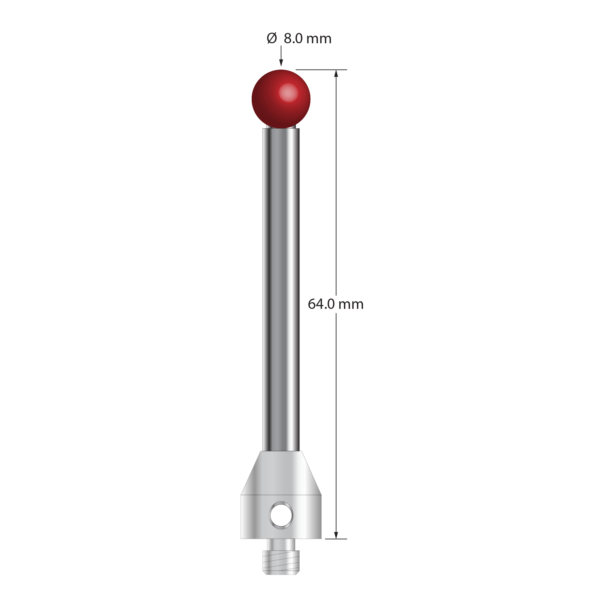 M5 stylus with 8.0 mm diameter ruby ball, 5.0 mm diameter carbide stem, and 11.0 mm diameter x 12.0 mm long stainless steel base. Overall stylus length is 64.0 mm. Stylus weight is 19.79 grams.