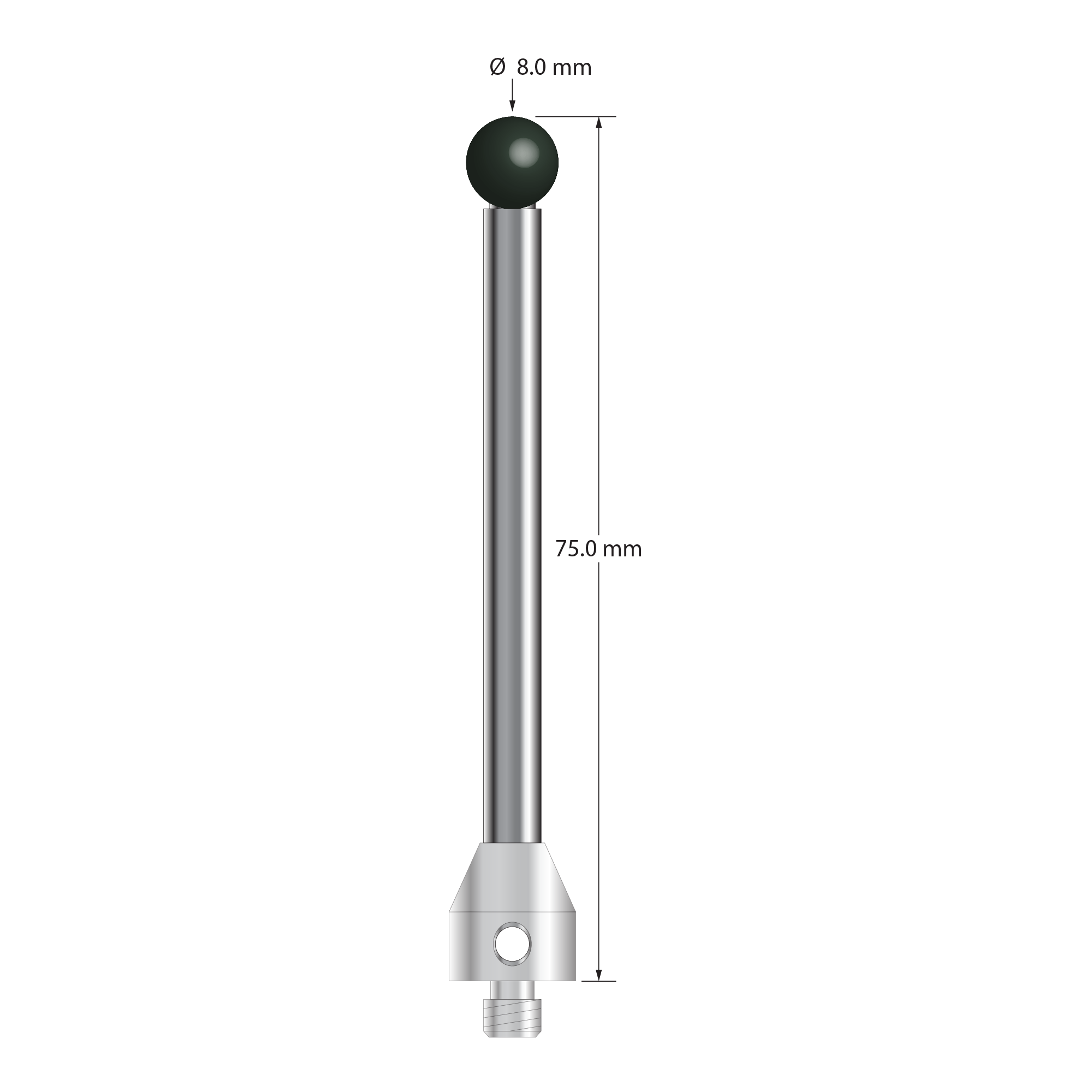 M5 stylus with 8.0 mm diameter silicon nitride ball, 5.0 mm diameter carbide stem, and 11.0 mm diameter x 12.0 mm long stainless steel base. Overall stylus length is 75.0 mm. Stylus weight is 22.90 grams.