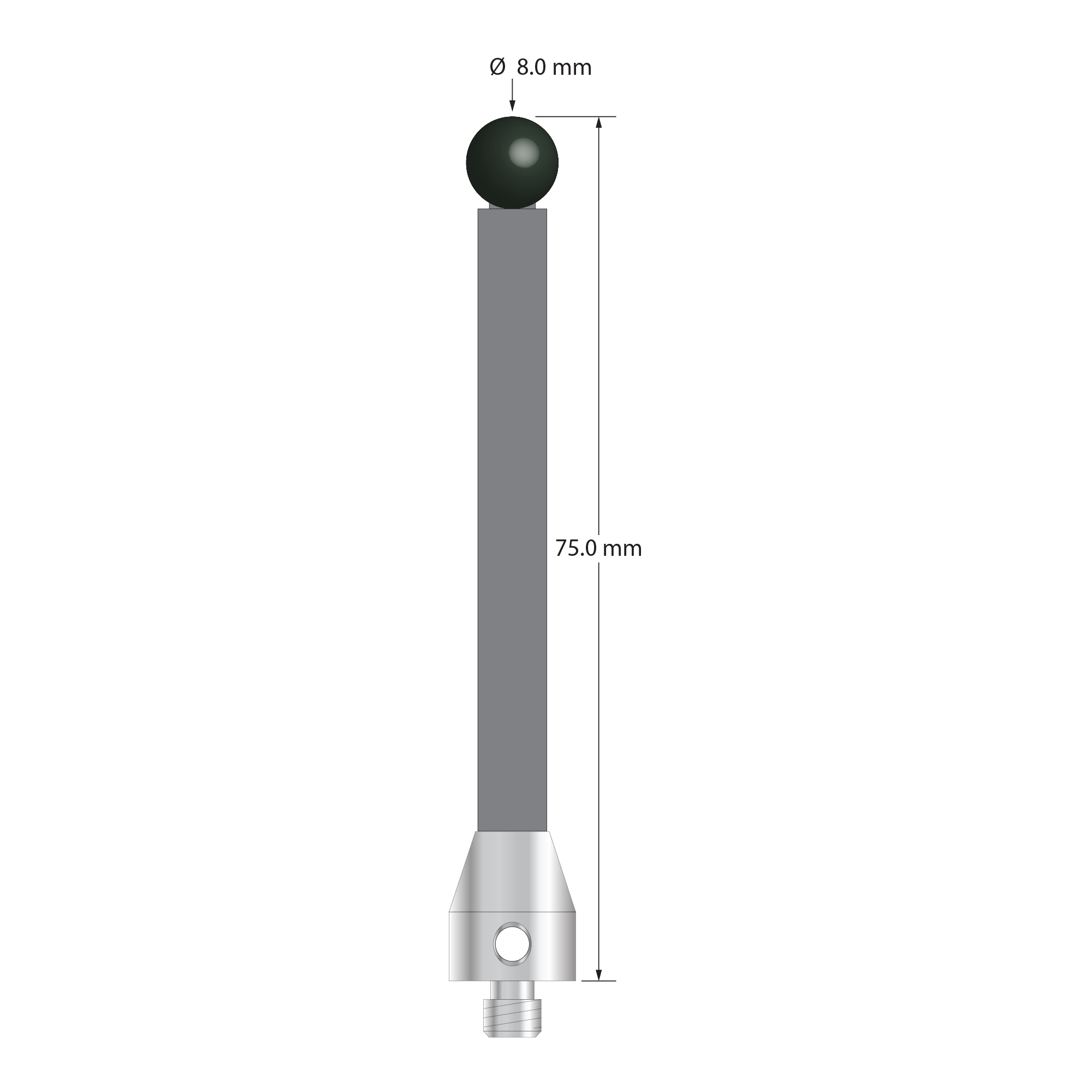 Low weight M5 stylus with 8.0 mm diameter silicon nitride ball, 6.0 mm diameter Therm-X carbon fiber stem, and 11.0 mm diameter x 13.0 mm long titanium base. Overall stylus length is 75.0 mm. Stylus weight is 6.80 grams. Compare to Zeiss 626105-0821-075.