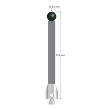 Low weight M5 stylus with 8.0 mm diameter silicon nitride ball, 6.0 mm diameter Therm-X carbon fiber stem, and 11.0 mm diameter x 13.0 mm long titanium base. Overall stylus length is 75.0 mm. Stylus weight is 6.80 grams. Compare to Zeiss 626105-0821-075.