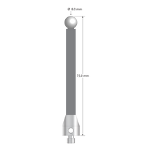 Low weight M5 stylus with 8.0 mm diameter zirconia ball, 6.0 mm diameter Therm-X carbon fiber stem, and 11.0 mm diameter x 13.0 mm long titanium base. Overall stylus length is 75.0 mm. Stylus weight is 6.80 grams.