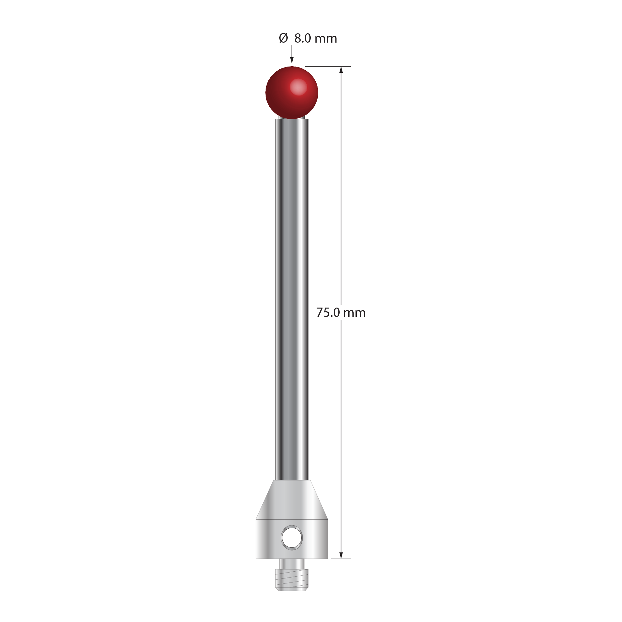 M5 stylus with 8.0 mm diameter ruby ball, 5.0 mm diameter carbide stem, and 11.0 mm diameter x 12.0 mm long stainless steel base. Overall stylus length is 75.0 mm. Stylus weight is 22.90 grams.