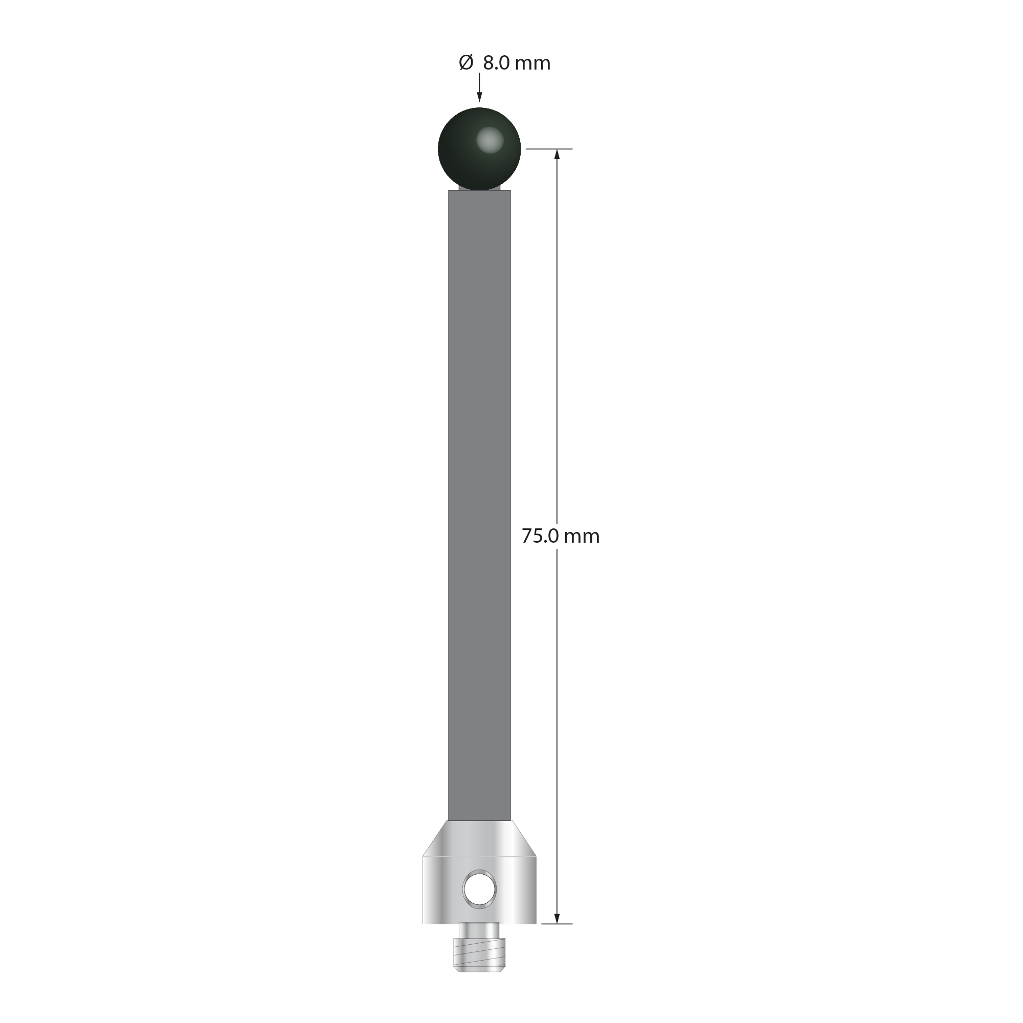 M5 stylus with 8.0 mm diameter silicon nitride ball, 6.0 mm diameter carbon fiber stem, and 11.0 mm diameter x 10.0 mm long stainless steel base. Stylus length to ball center is 75.0 mm. Stylus weight is 8.92 grams.