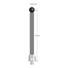 M5 stylus with 8.0 mm diameter silicon nitride ball, 6.0 mm diameter carbon fiber stem, and 11.0 mm diameter x 10.0 mm long stainless steel base. Stylus length to ball center is 75.0 mm. Stylus weight is 8.92 grams.