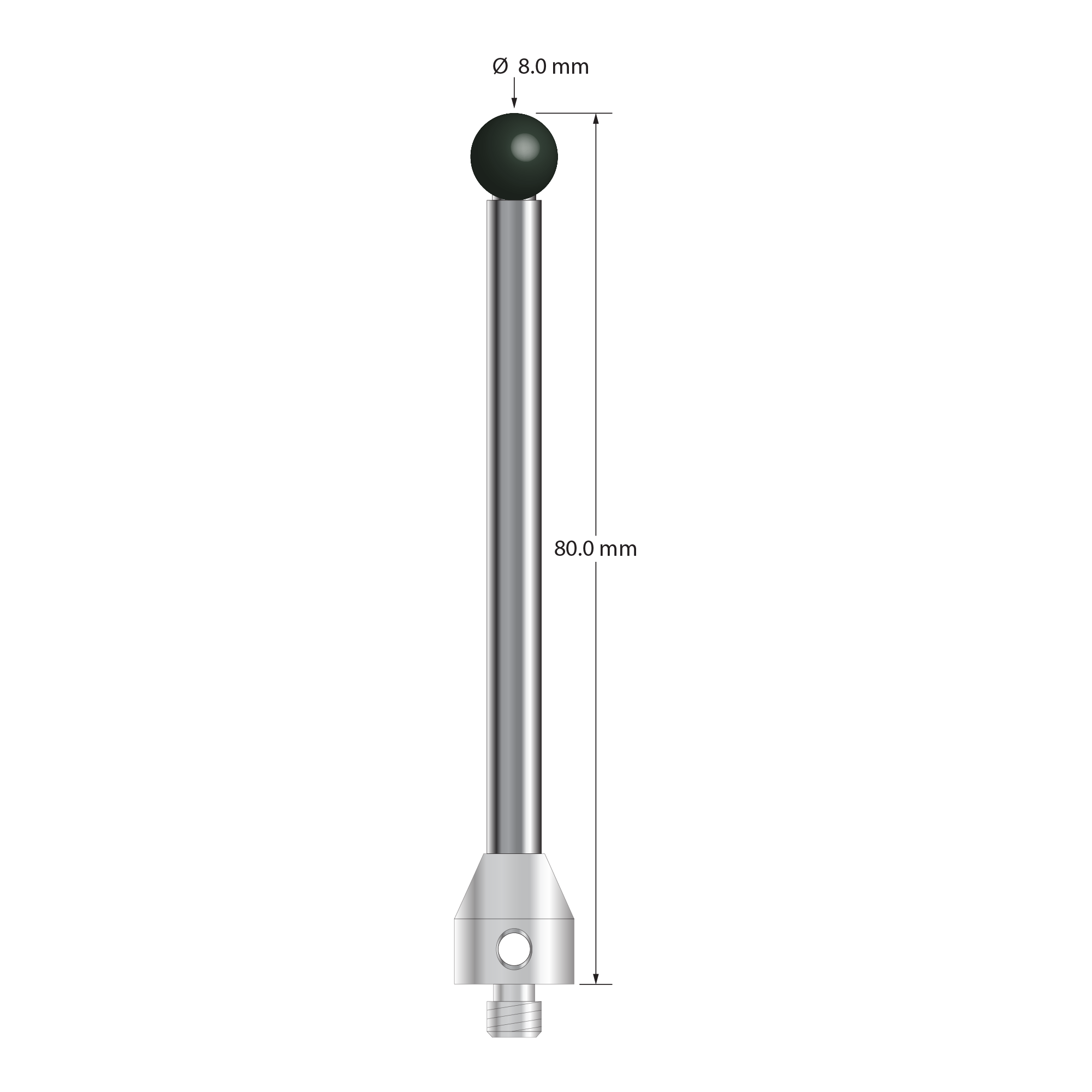 M5 stylus with 8.0 mm diameter silicon nitride ball, 5.0 mm diameter carbide stem, and 11.0 mm diameter x 12.0 mm long stainless steel base. Overall stylus length is 80.0 mm. Stylus weight is 24.32 grams.