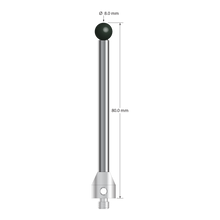M5 stylus with 8.0 mm diameter silicon nitride ball, 5.0 mm diameter carbide stem, and 11.0 mm diameter x 12.0 mm long stainless steel base. Overall stylus length is 80.0 mm. Stylus weight is 24.32 grams.
