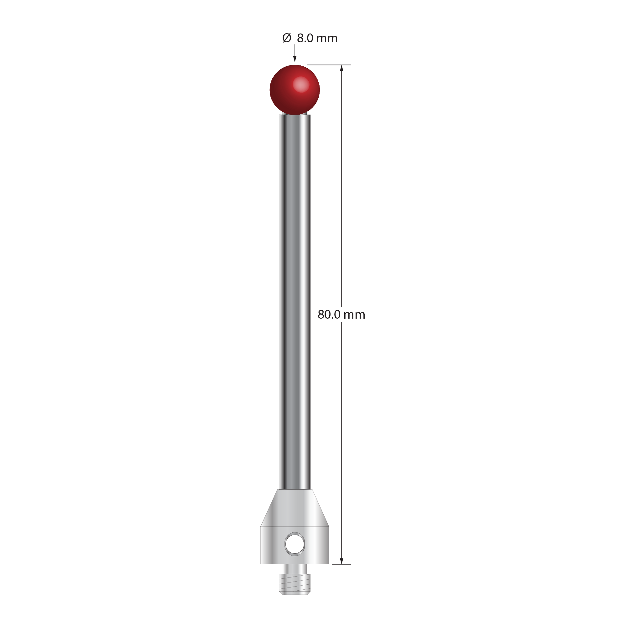 M5 stylus with 8.0 mm diameter ruby ball, 5.0 mm diameter carbide stem, and 11.0 mm diameter x 12.0 mm long stainless steel base. Overall stylus length is 80.0 mm. Stylus weight is 24.32 grams.