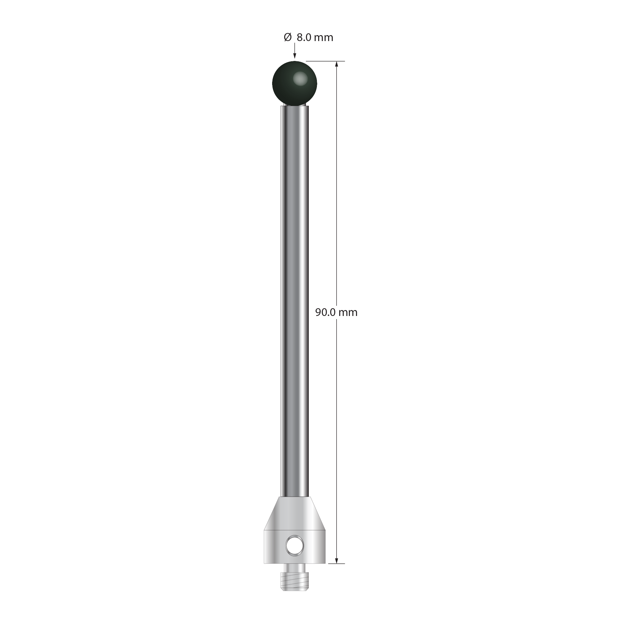 M5 stylus with 8.0 mm diameter silicon nitride ball, 5.0 mm diameter carbide stem, and 11.0 mm diameter x 12.0 mm long stainless steel base. Overall stylus length is 90.0 mm. Stylus weight is 27.15 grams.