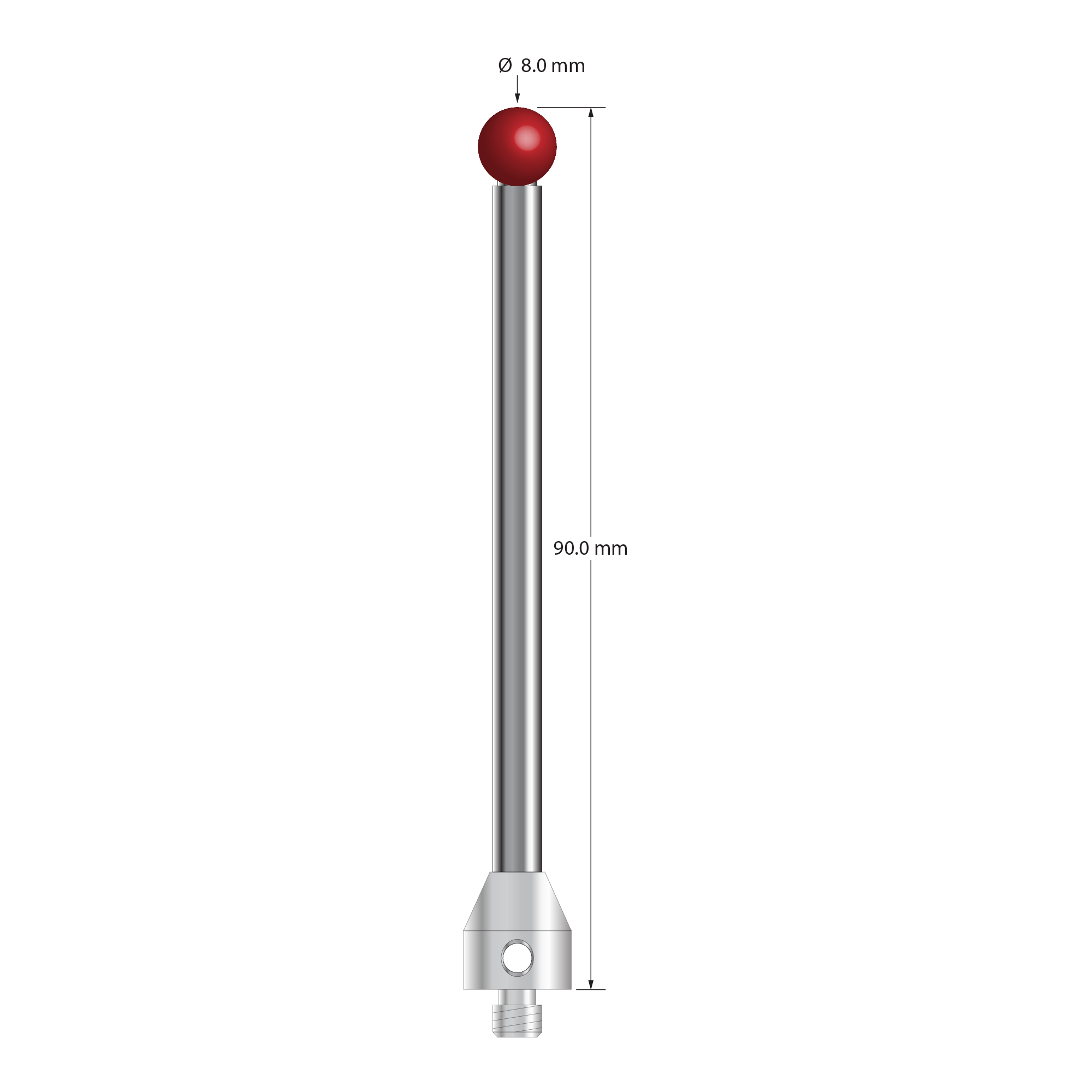 M5 stylus with 8.0 mm diameter ruby ball, 5.0 mm diameter carbide stem, and 11.0 mm diameter x 12.0 mm long stainless steel base. Overall stylus length is 90.0 mm. Stylus weight is 27.15 grams.