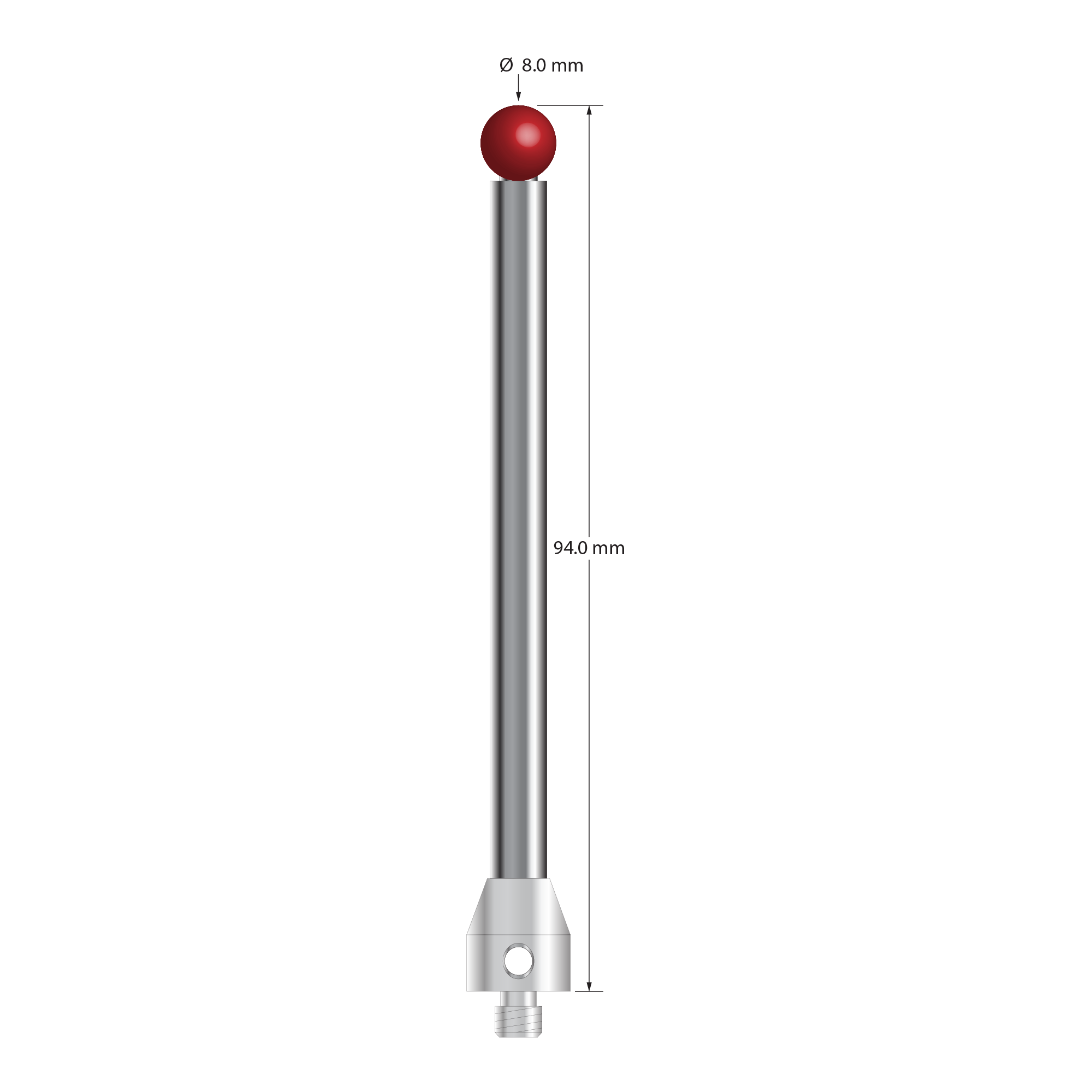 M5 stylus with 8.0 mm diameter ruby ball, 6.0 mm diameter carbide stem, and 11.0 mm diameter x 13.0 mm long stainless steel base. Overall stylus length is 94.0 mm. Stylus weight is 38.72 grams. Compare to Zeiss 626105-0824-094.