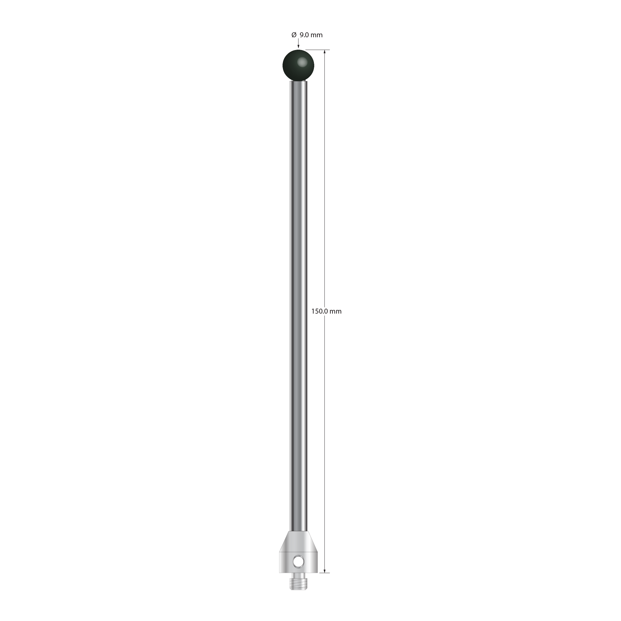 M5 stylus with 9.0 mm diameter silicon nitride ball, 5.0 mm diameter carbide stem, and 11.0 mm diameter x 12.0 mm long stainless steel base. Overall stylus length is 150.0 mm. Stylus weight is 45.49 grams.