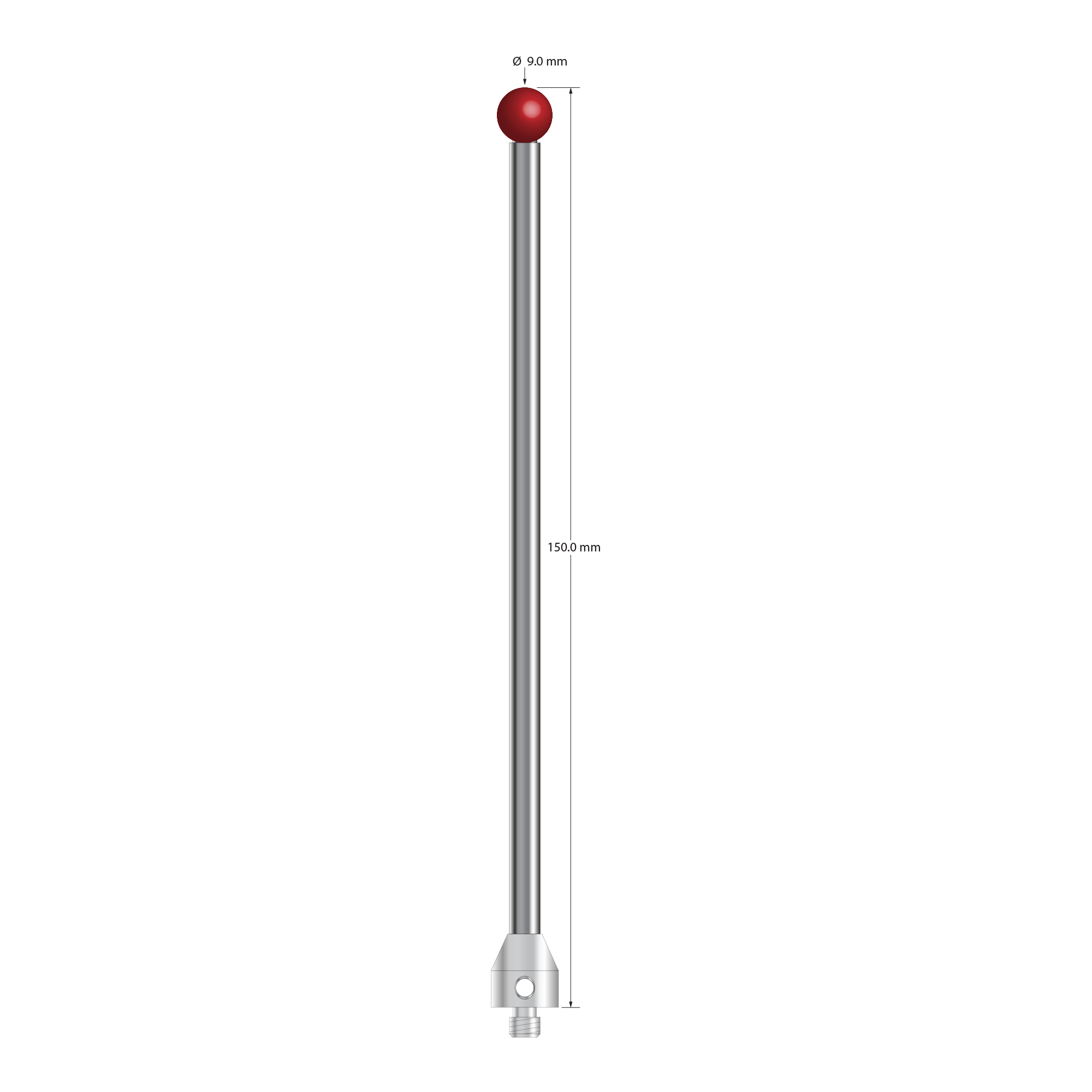 M5 stylus with 9.0 mm diameter ruby ball, 5.0 mm diameter carbide stem, and 11.0 mm diameter x 12.0 mm long stainless steel base. Overall stylus length is 150.0 mm. Stylus weight is 45.49 grams.
