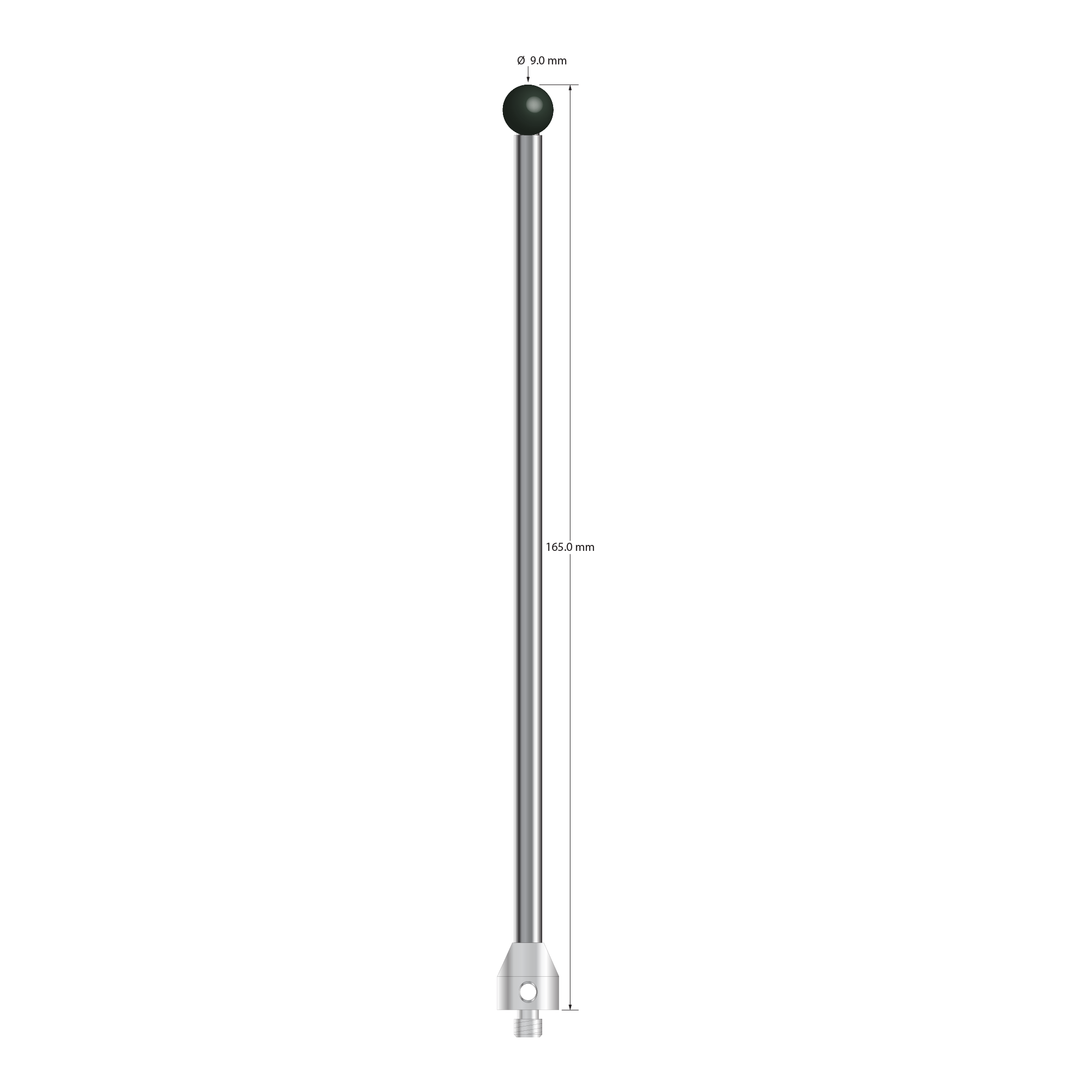 M5 stylus with 9.0 mm diameter silicon nitride ball, 5.0 mm diameter carbide stem, and 11.0 mm diameter x 12.0 mm long stainless steel base. Overall stylus length is 165.0 mm. Stylus weight is 49.74 grams.