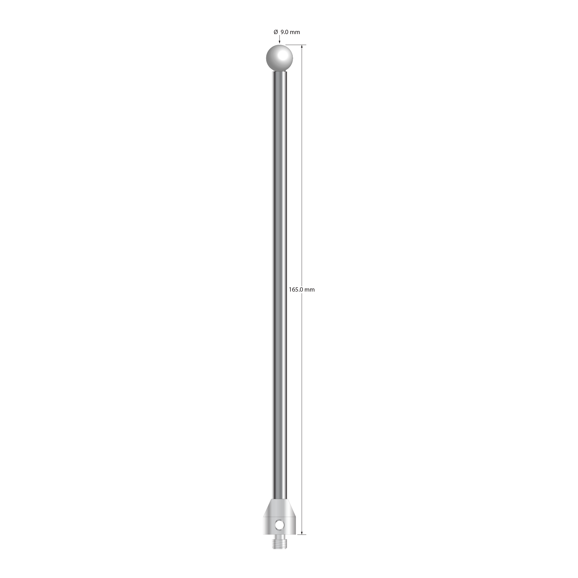 M5 stylus with 9.0 mm diameter zirconia ball, 5.0 mm diameter carbide stem, and 11.0 mm diameter x 12.0 mm long stainless steel base. Overall stylus length is 165.0 mm. Stylus weight is 49.74 grams.