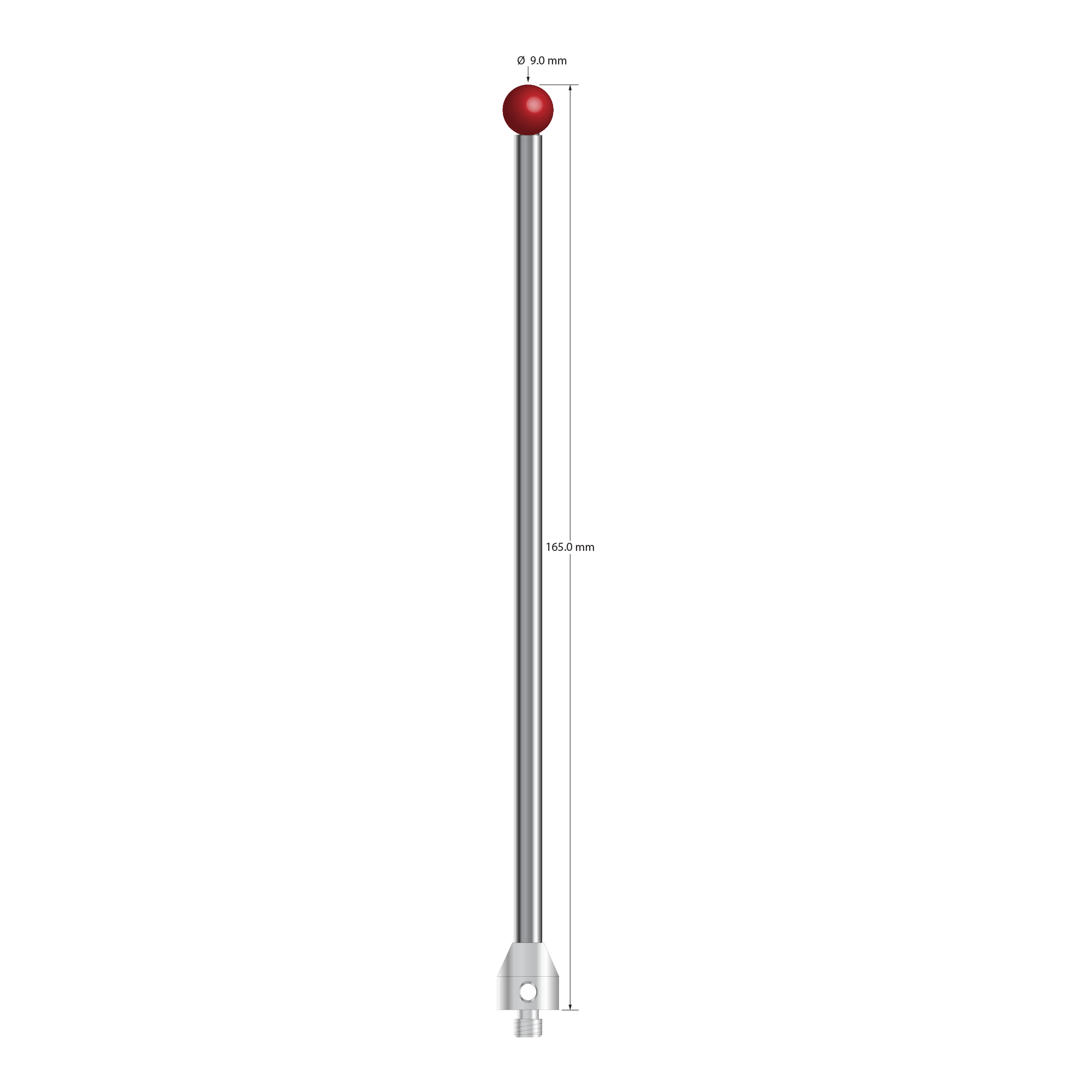 M5 stylus with 9.0 mm diameter ruby ball, 5.0 mm diameter carbide stem, and 11.0 mm diameter x 12.0 mm long stainless steel base. Overall stylus length is 165.0 mm. Stylus weight is 49.74 grams.