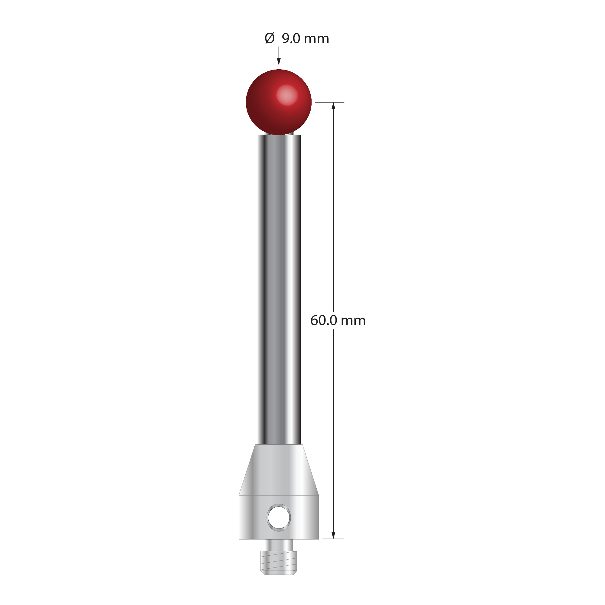M5 stylus with 9.0 mm diameter ruby ball, 6.0 mm diameter carbide stem, and 11.0 mm diameter x 13.0 mm long stainless steel base. Stylus length to ball center is 60.0 mm. Stylus weight is 22.49 grams. Compare to Renishaw A-5555-0046.