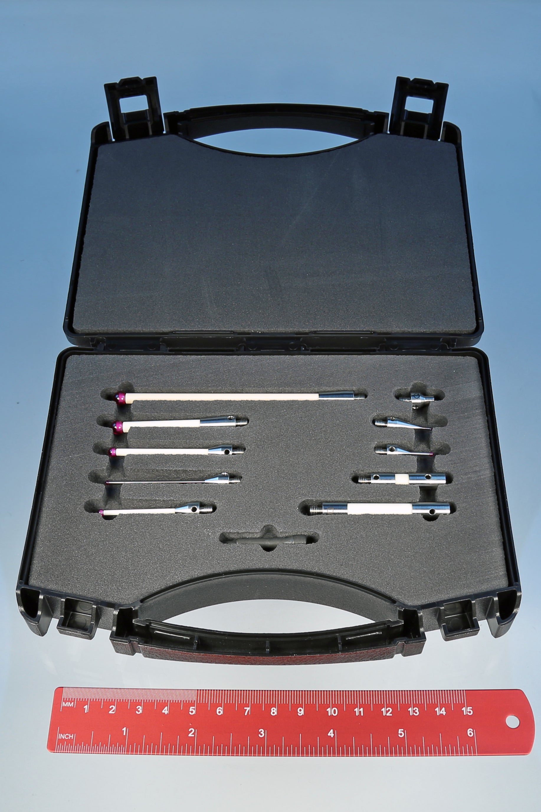 M4-MTKIT machine tool probe kit with 11 pieces in a custom black carrying case.