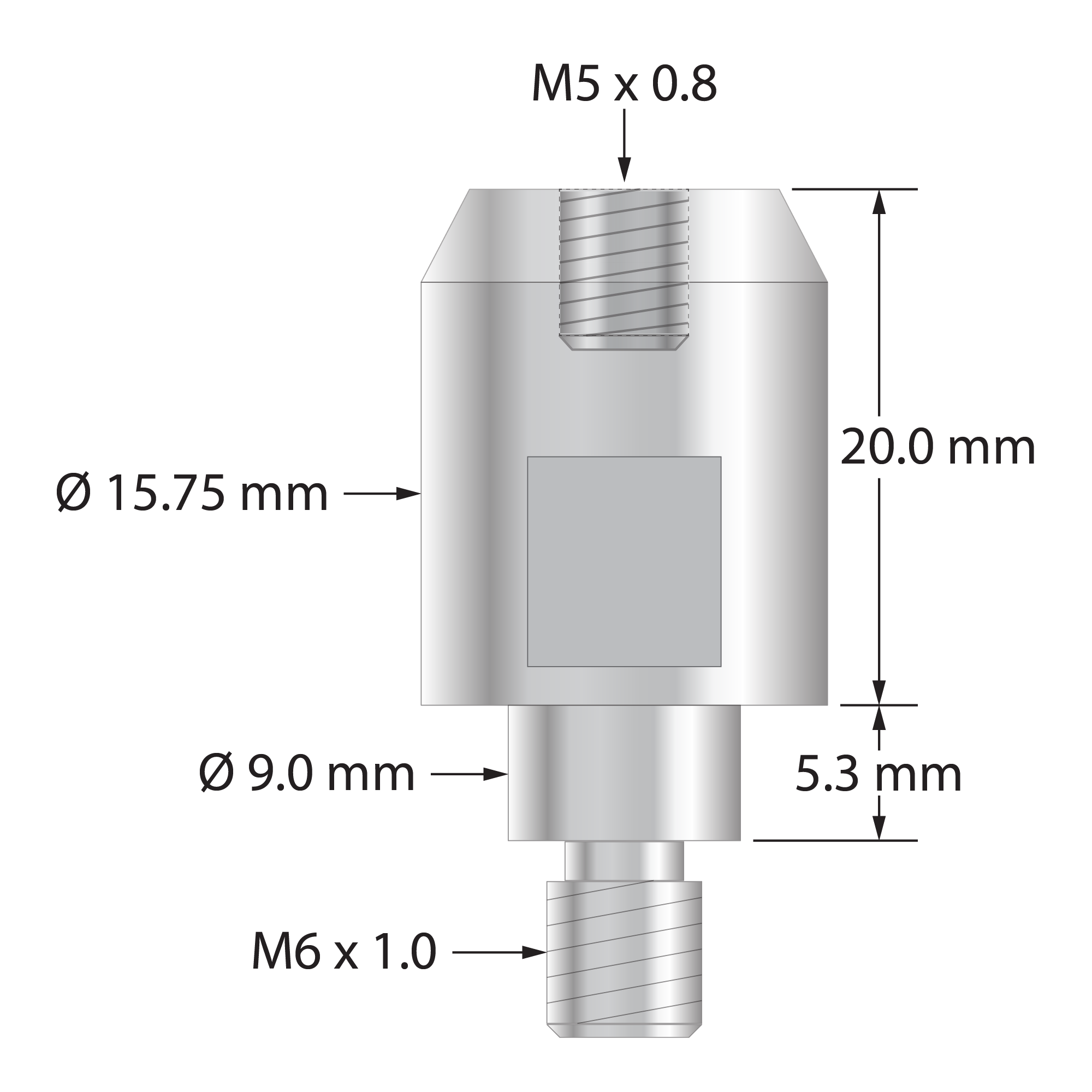 QFA-NM5 M6 male to M5 female thread adapter, stainless steel.