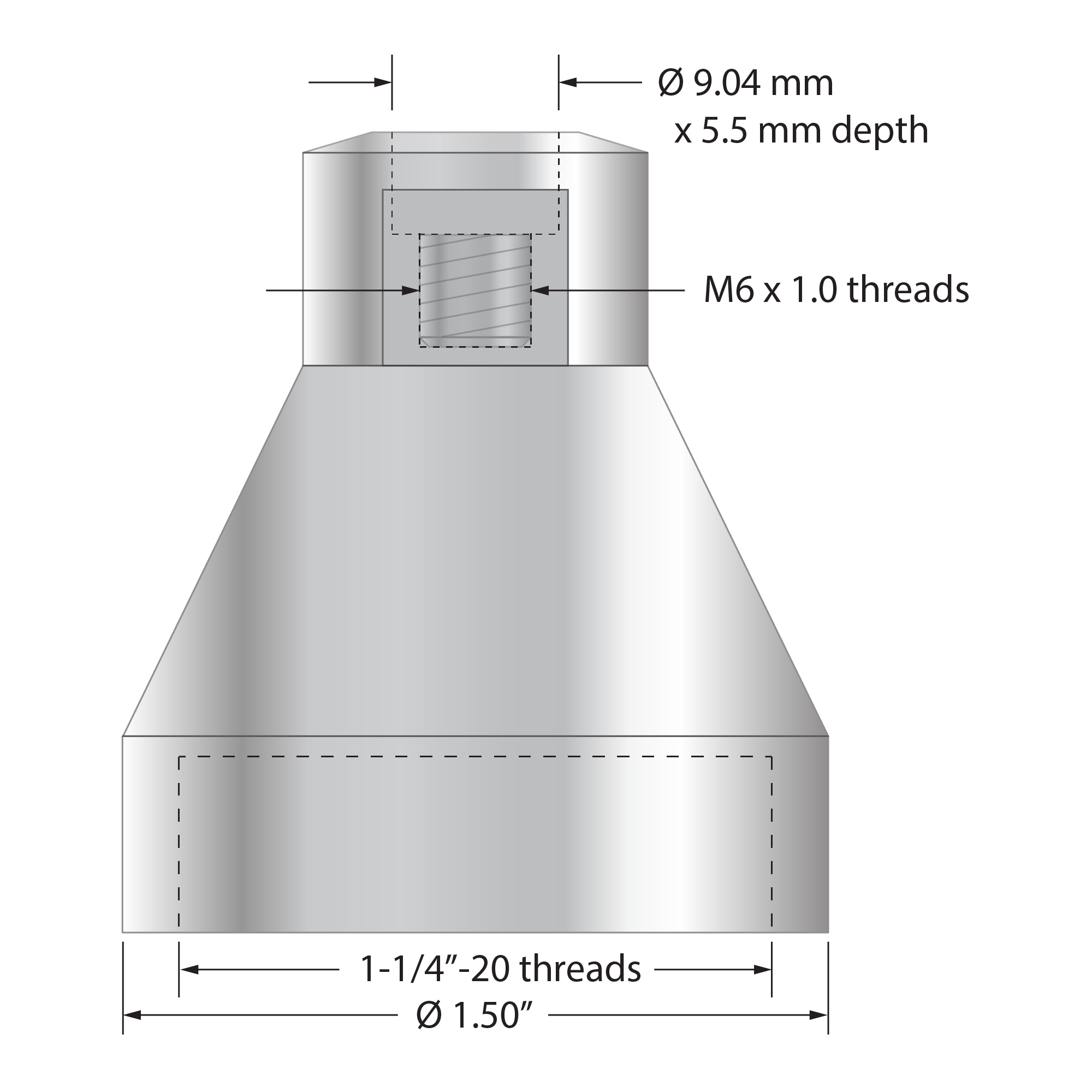 QFT-M6 thread adapter, 1-1/4"-20 to M6 x 1.0, stainless steel by Q-Mark Manufacturing, Inc.