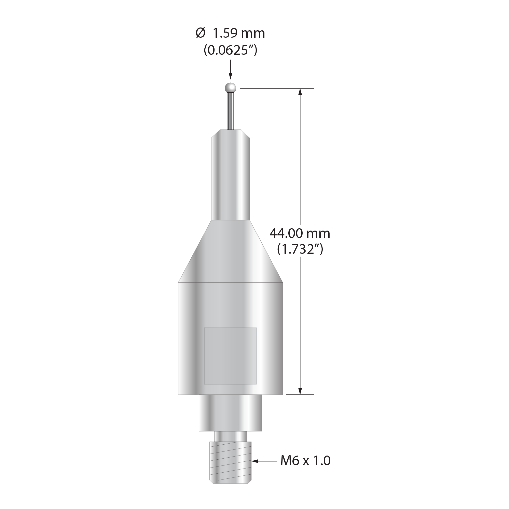 QMFARO-1/16-Z 1/16" zirconia ball FARO stylus with carbide stem, stainless steel body, 44.0 mm length.