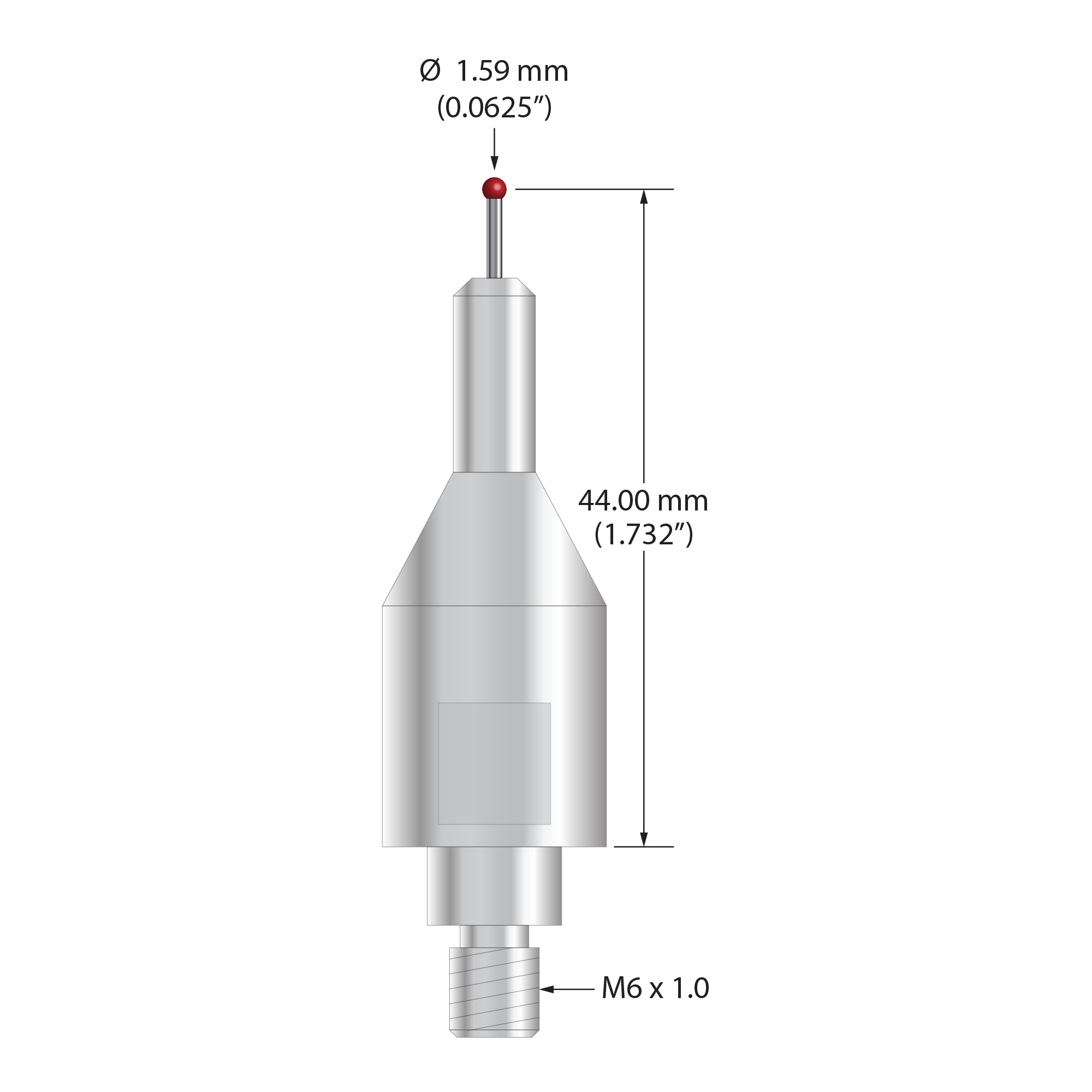 QMFARO-1/16 stylus with 1/16" ruby ball, carbide stem, and stainless steel body, 44.0 mm long.