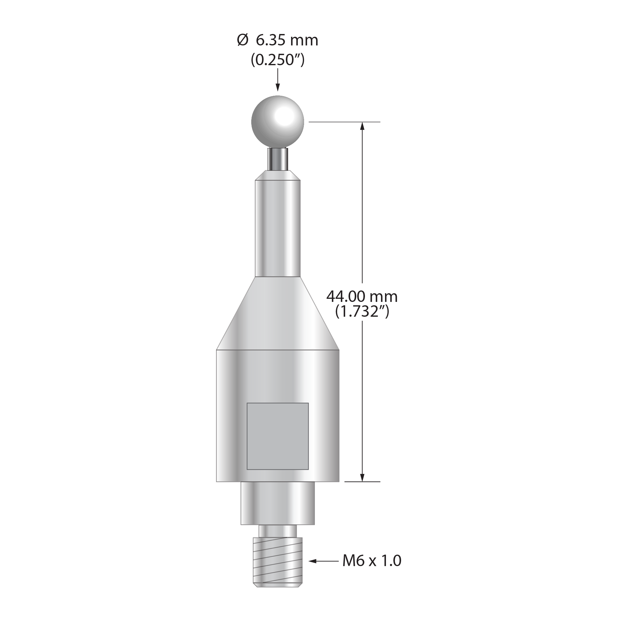 QMFARO-1/4-Z 1/4" zirconia ball stylus with carbide stem, 44.0mm length.