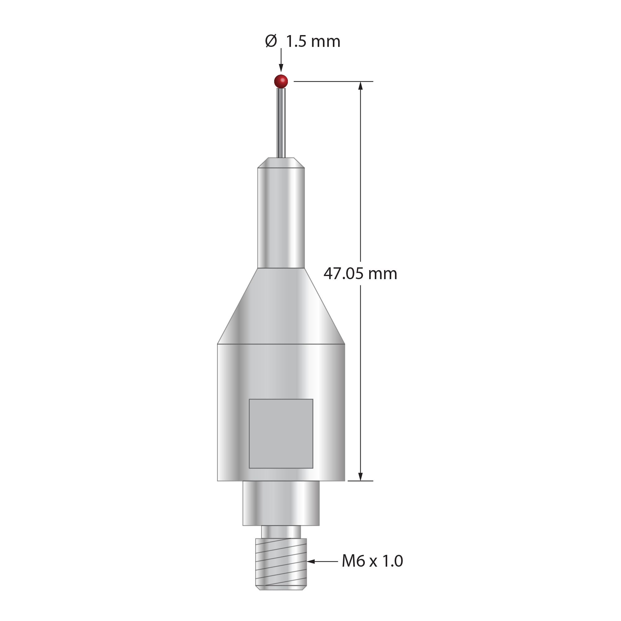 QMFARO-15 stylus with 1.5mm ruby ball, 1.0mm carbide stem, and stainless steel base, 47.05mm length.
