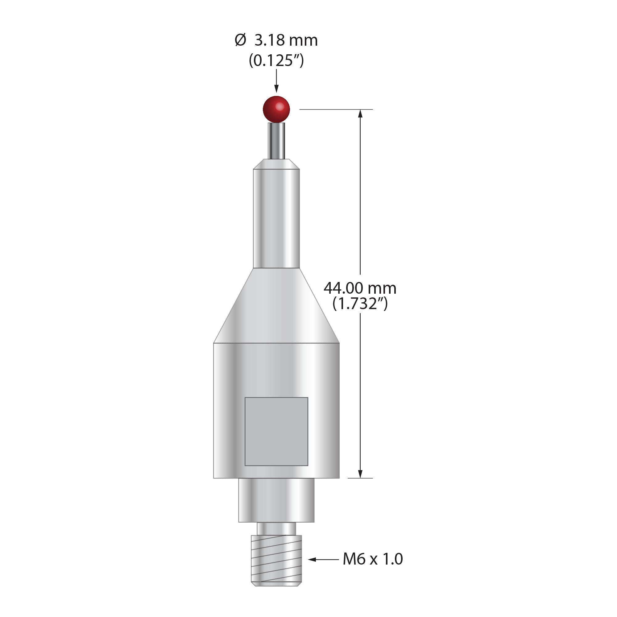 QMFARO-1/8 stylus with 1/8" ruby ball, carbide stem, and stainless steel base, 44.0 mm length.