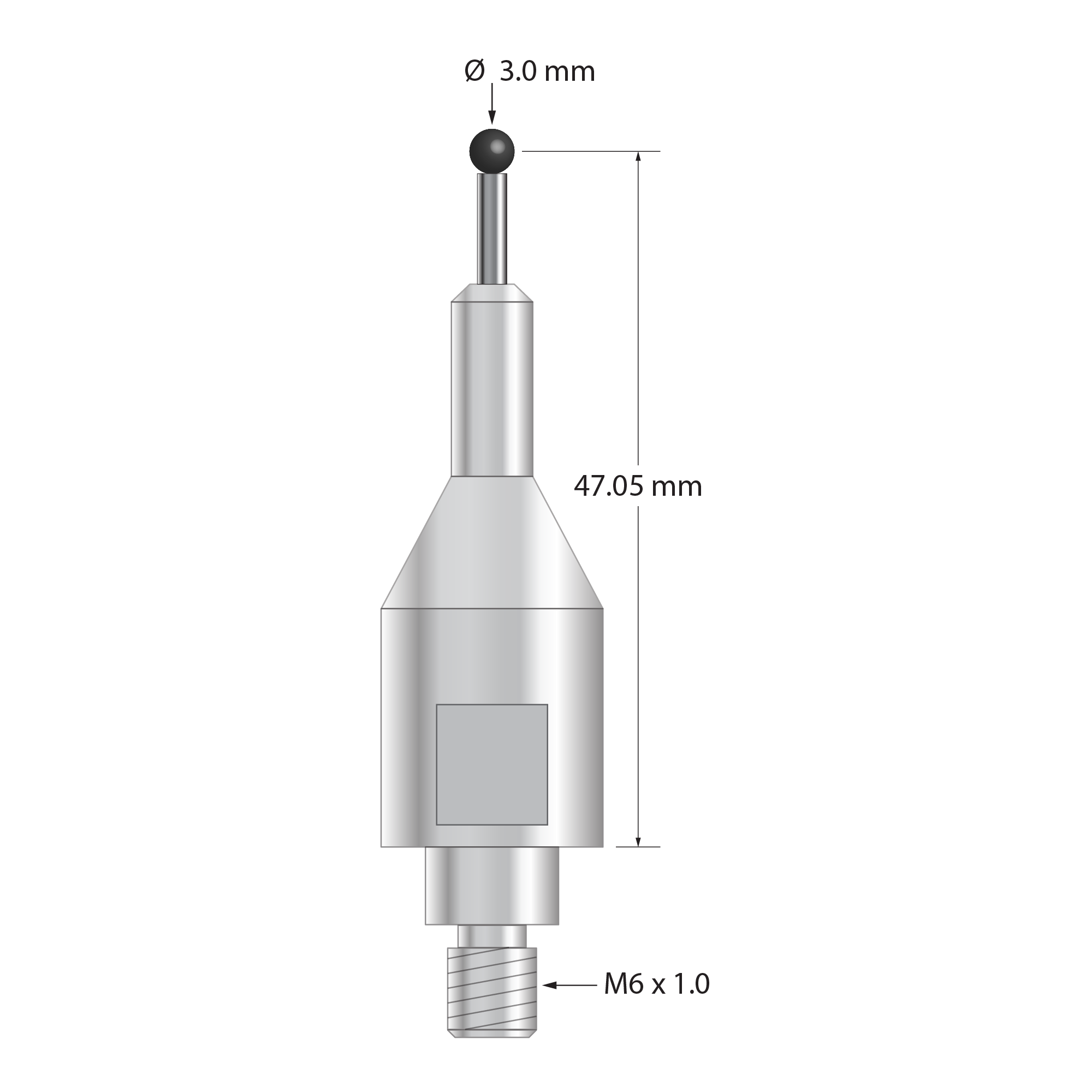 QMFARO-30-SN 3.0mm silicon nitride ball stylus with carbide stem and stainless steel base, 47.05mm long.